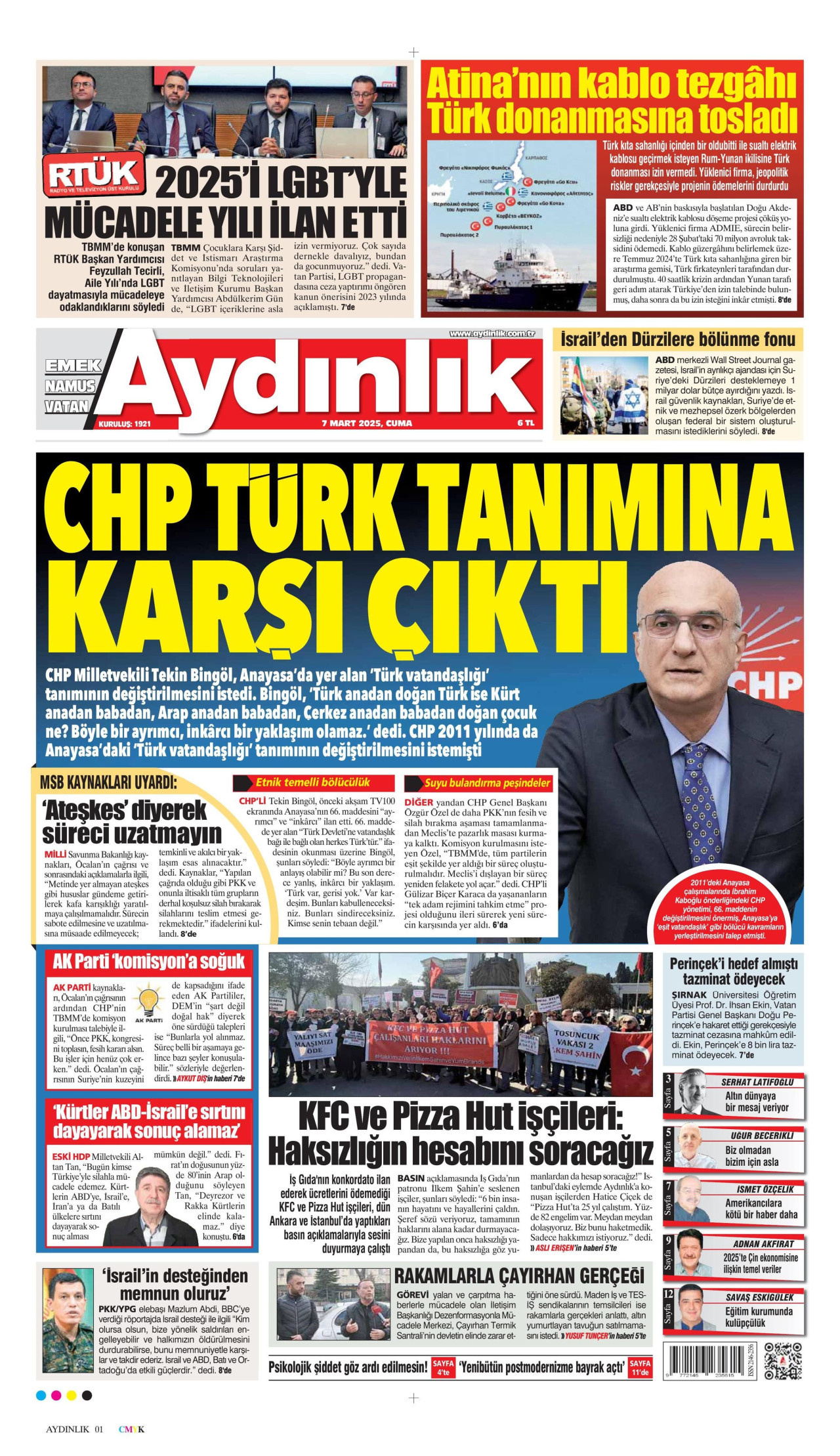 AYDINLIK GAZETESİ gazetesinin 7 Mart 2025 tarihli birinci sayfası