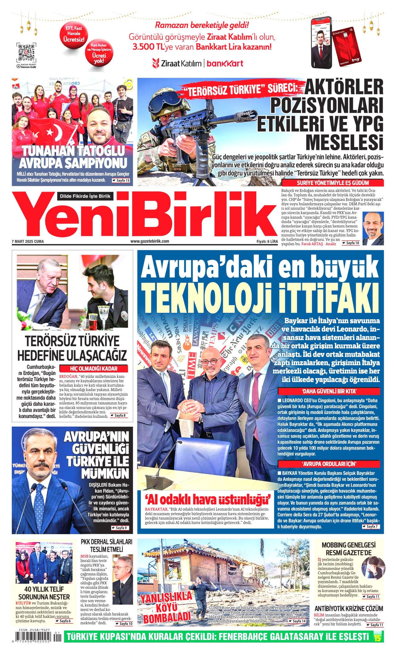 YENİBİRLİK gazetesinin 7 Mart 2025 tarihli birinci sayfası