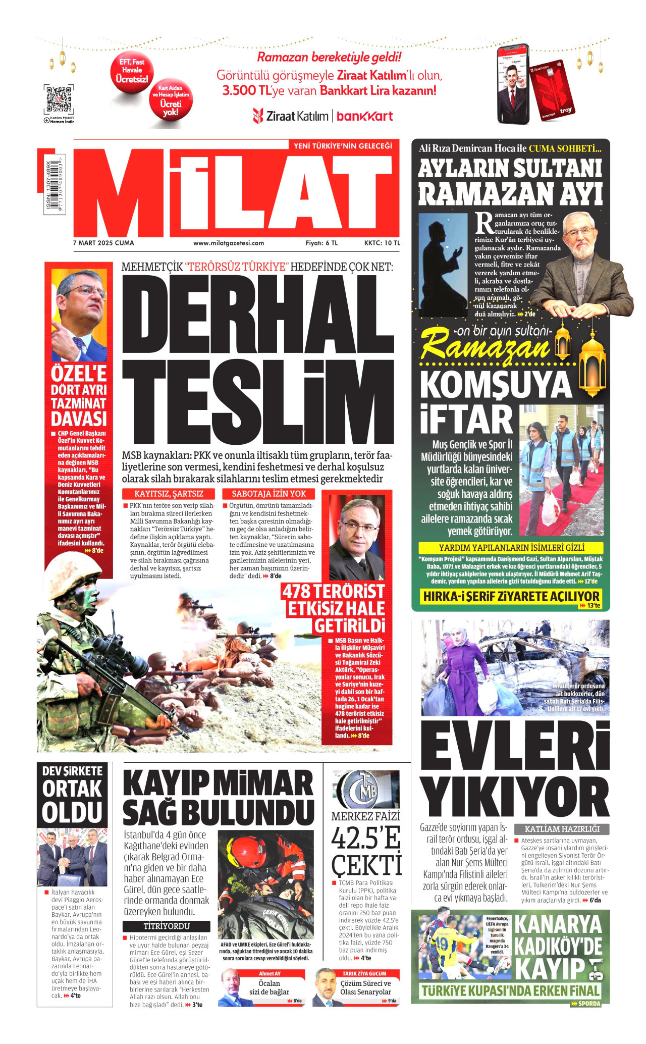 MİLAT gazetesinin 7 Mart 2025 tarihli birinci sayfası