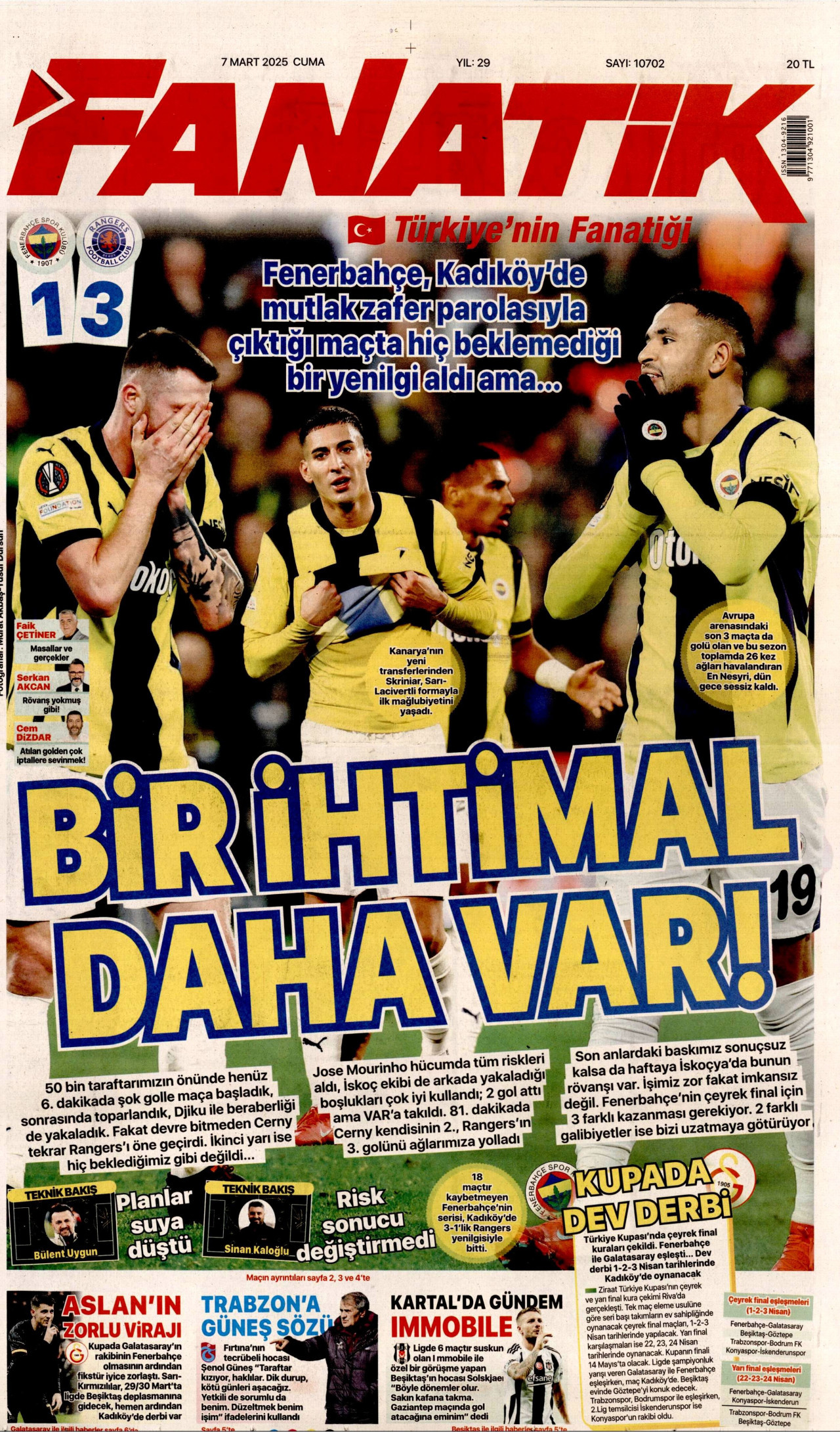 FANATİK gazetesinin 7 Mart 2025 tarihli birinci sayfası