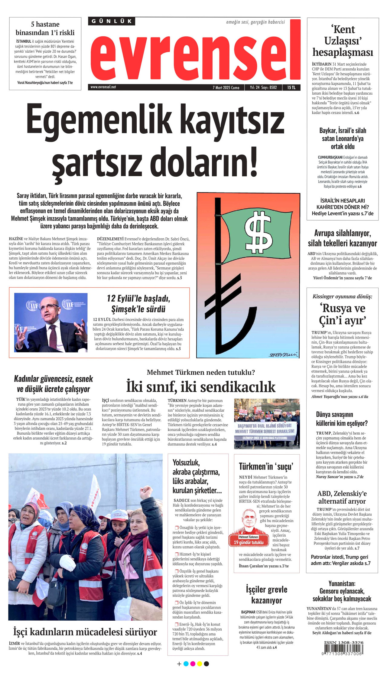 EVRENSEL gazetesinin 7 Mart 2025 tarihli birinci sayfası