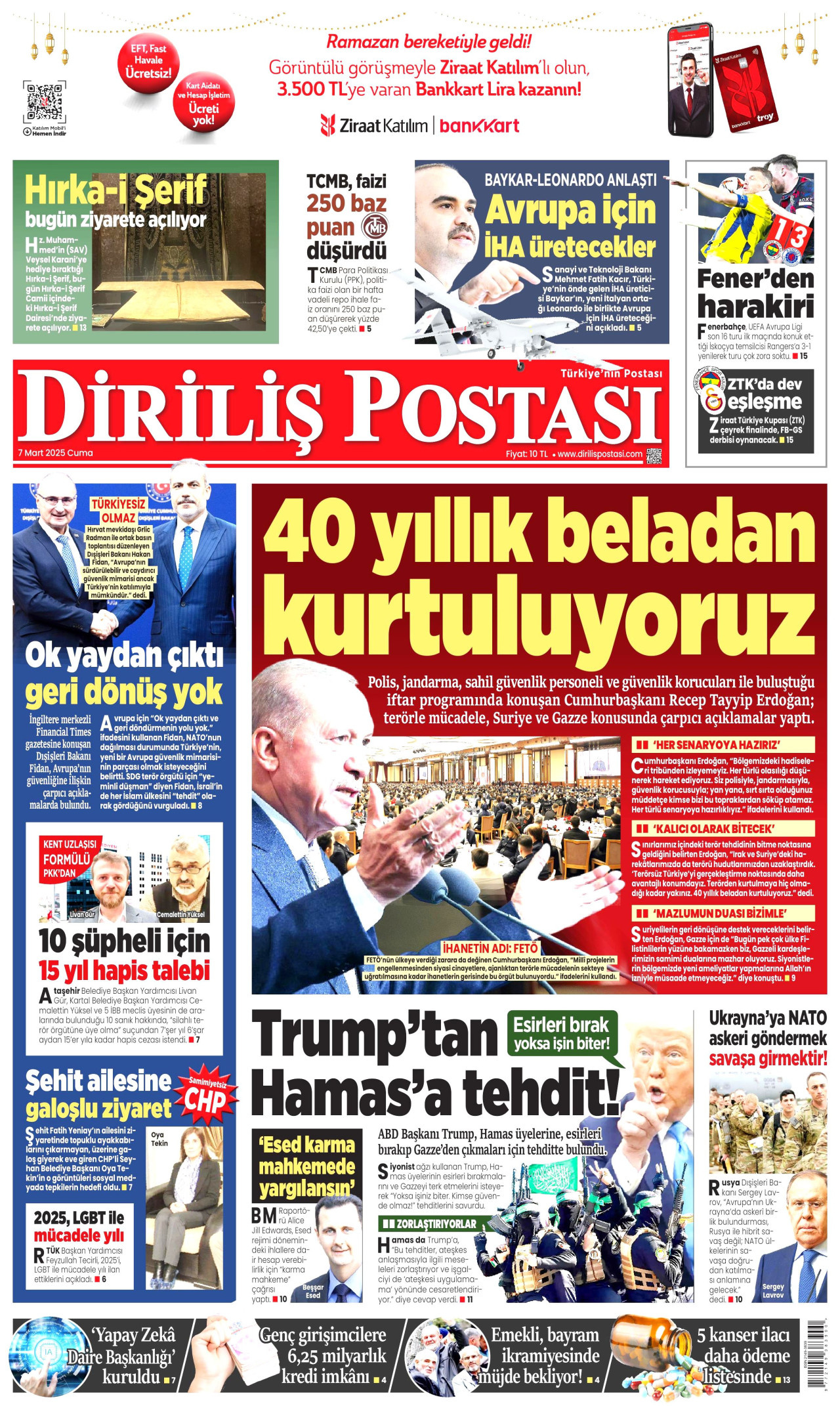 DİRİLİŞ POSTASI gazetesinin 7 Mart 2025 tarihli birinci sayfası