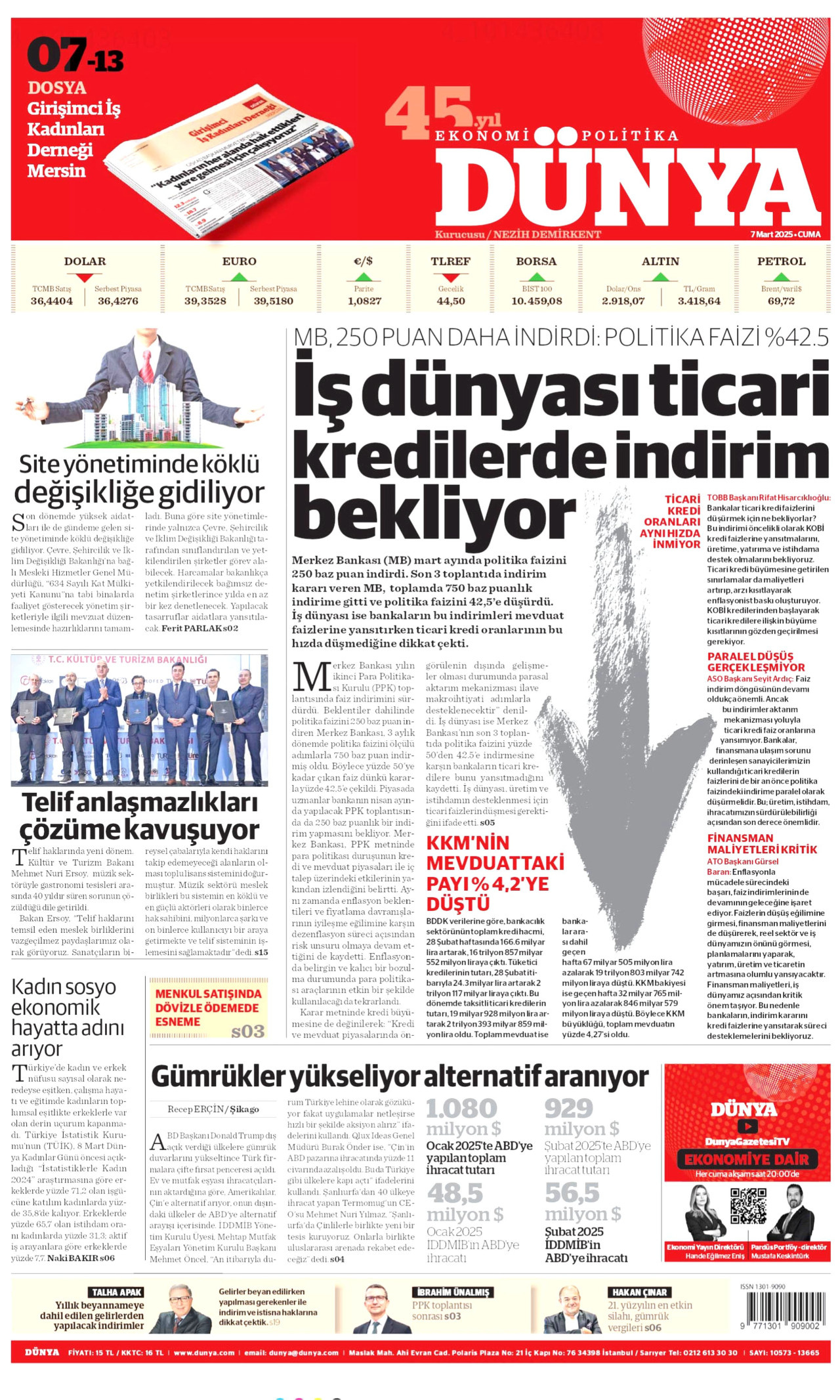 DÜNYA gazetesinin 7 Mart 2025 tarihli birinci sayfası