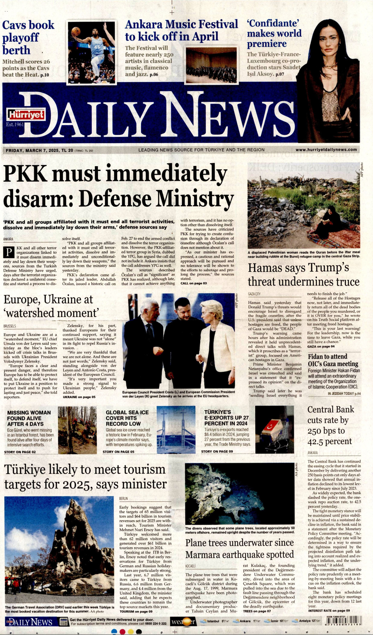 HÜRRİYET DAİLY NEWS gazetesinin 7 Mart 2025 tarihli birinci sayfası