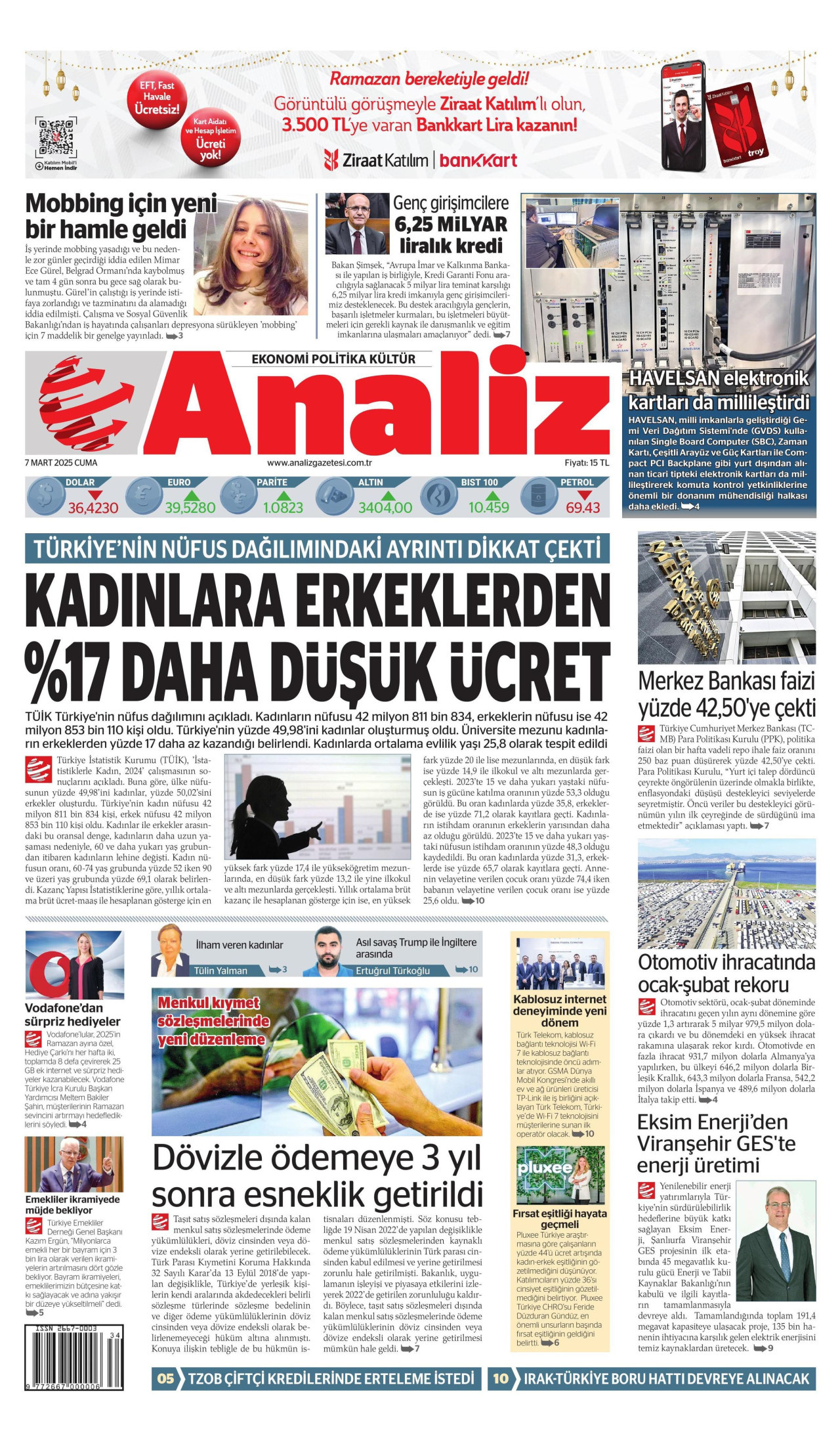 ANALİZ gazetesinin 7 Mart 2025 tarihli birinci sayfası