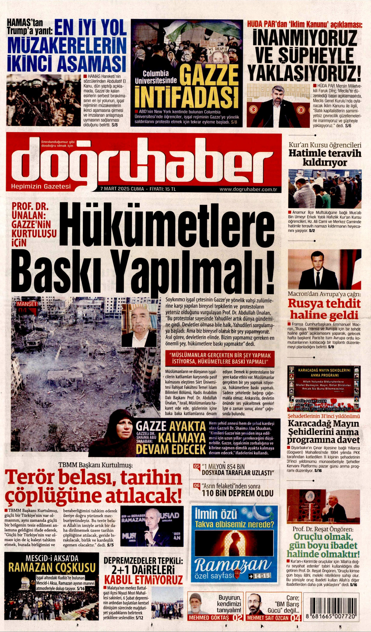 DOĞRU HABER gazetesinin 7 Mart 2025 tarihli birinci sayfası