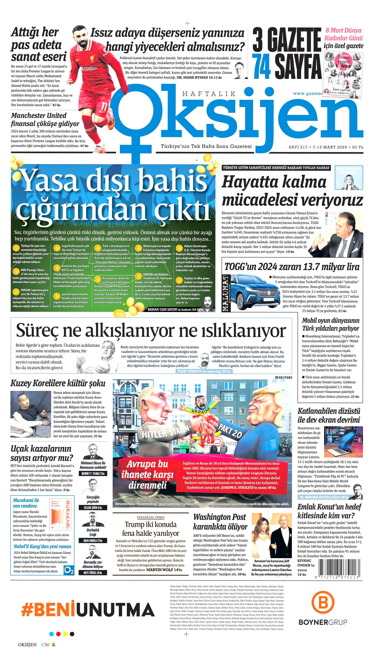 OKSİJEN gazetesinin 7 Mart 2025 tarihli birinci sayfası