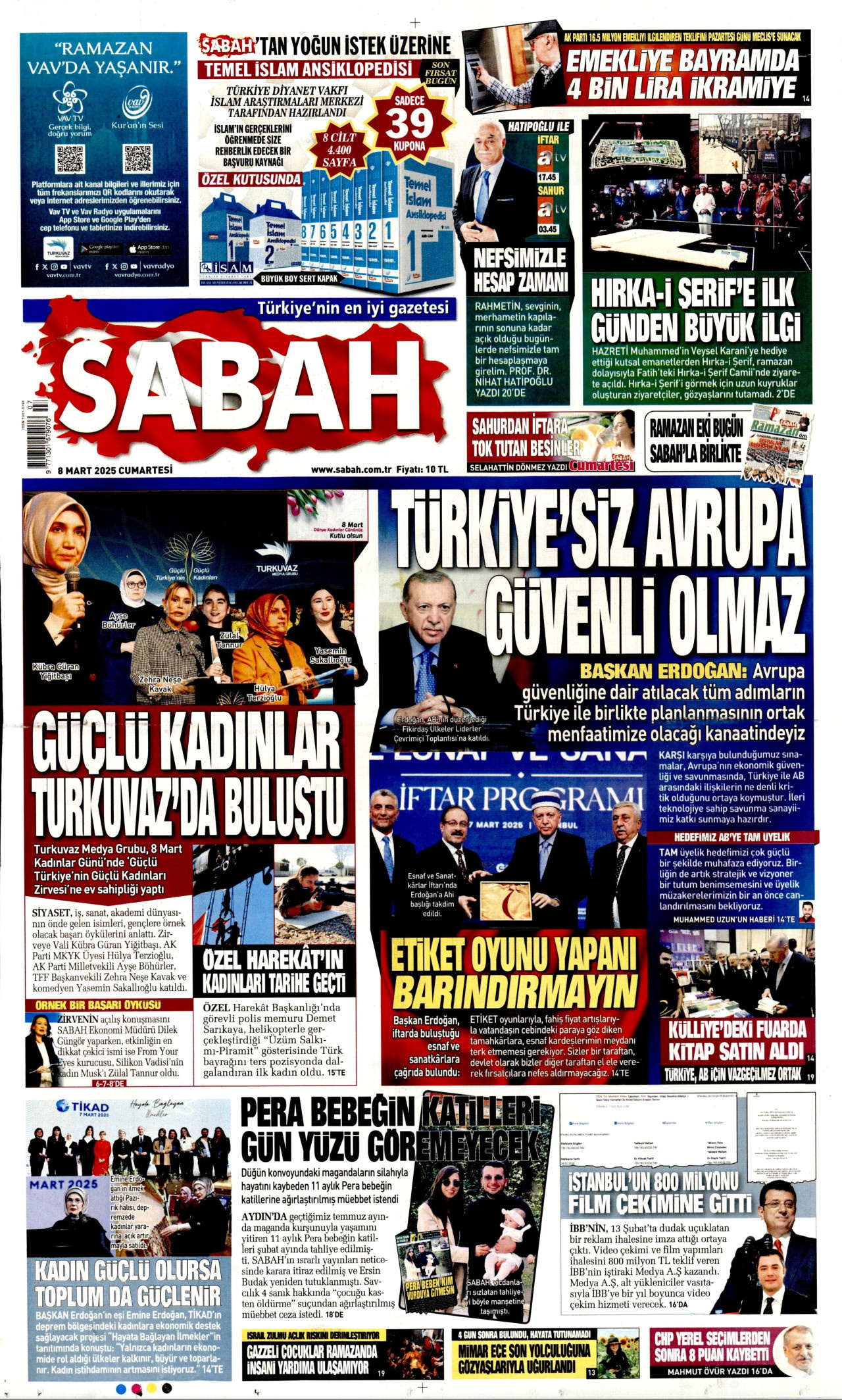 SABAH gazetesinin 8 Mart 2025 tarihli birinci sayfası