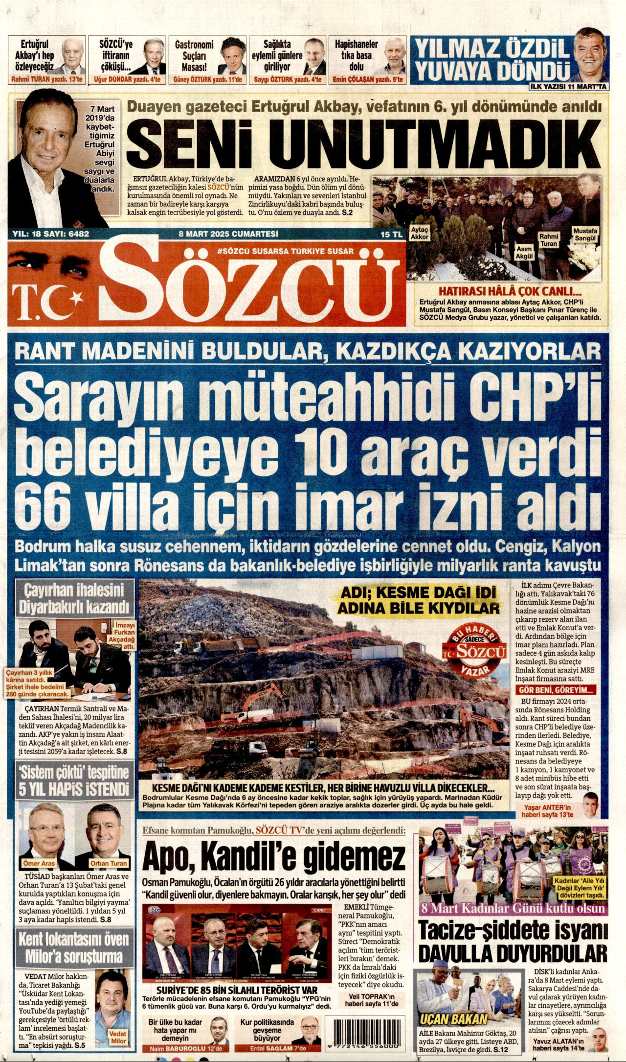 SÖZCÜ gazetesinin 8 Mart 2025 tarihli birinci sayfası
