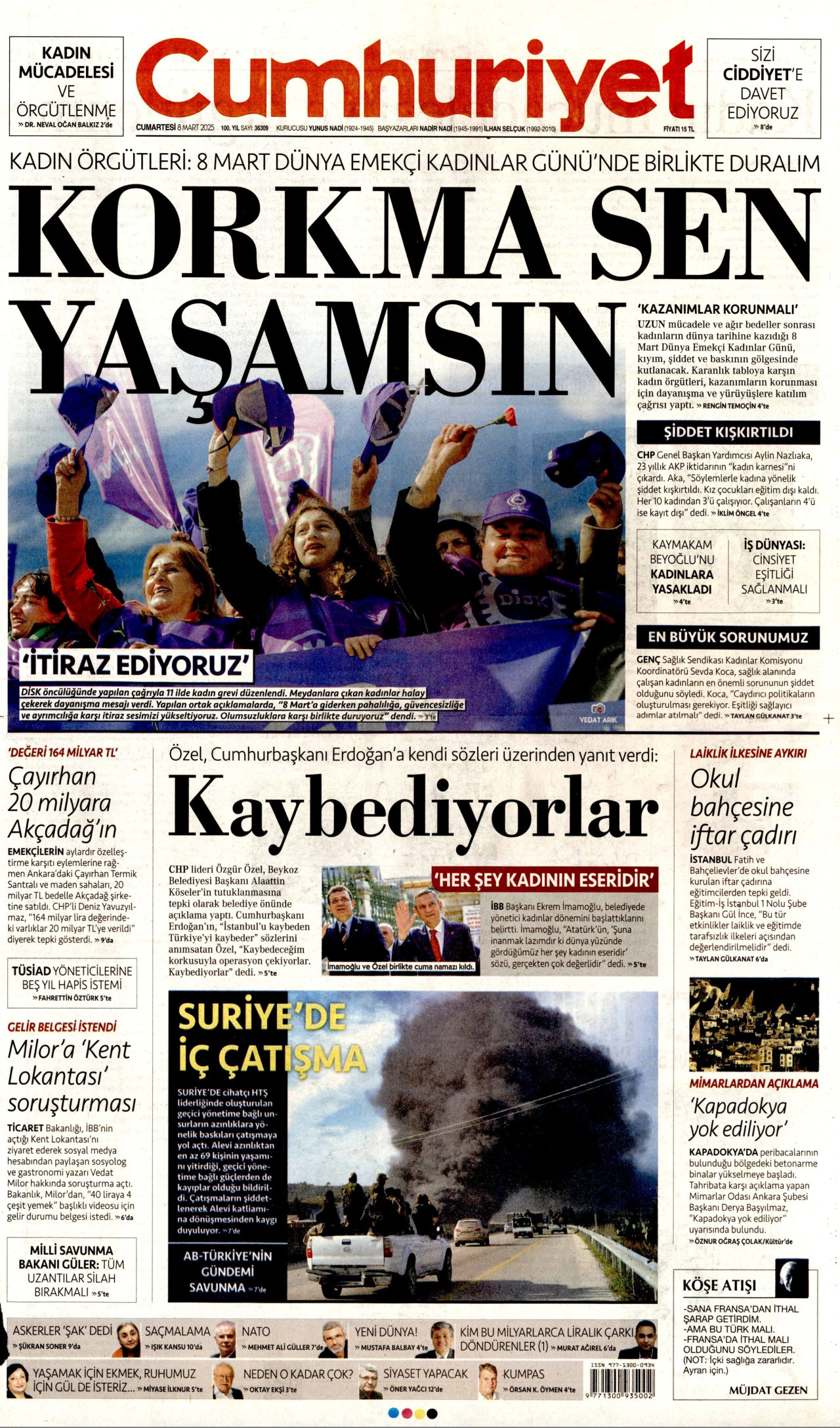 CUMHURİYET gazetesinin 8 Mart 2025 tarihli birinci sayfası