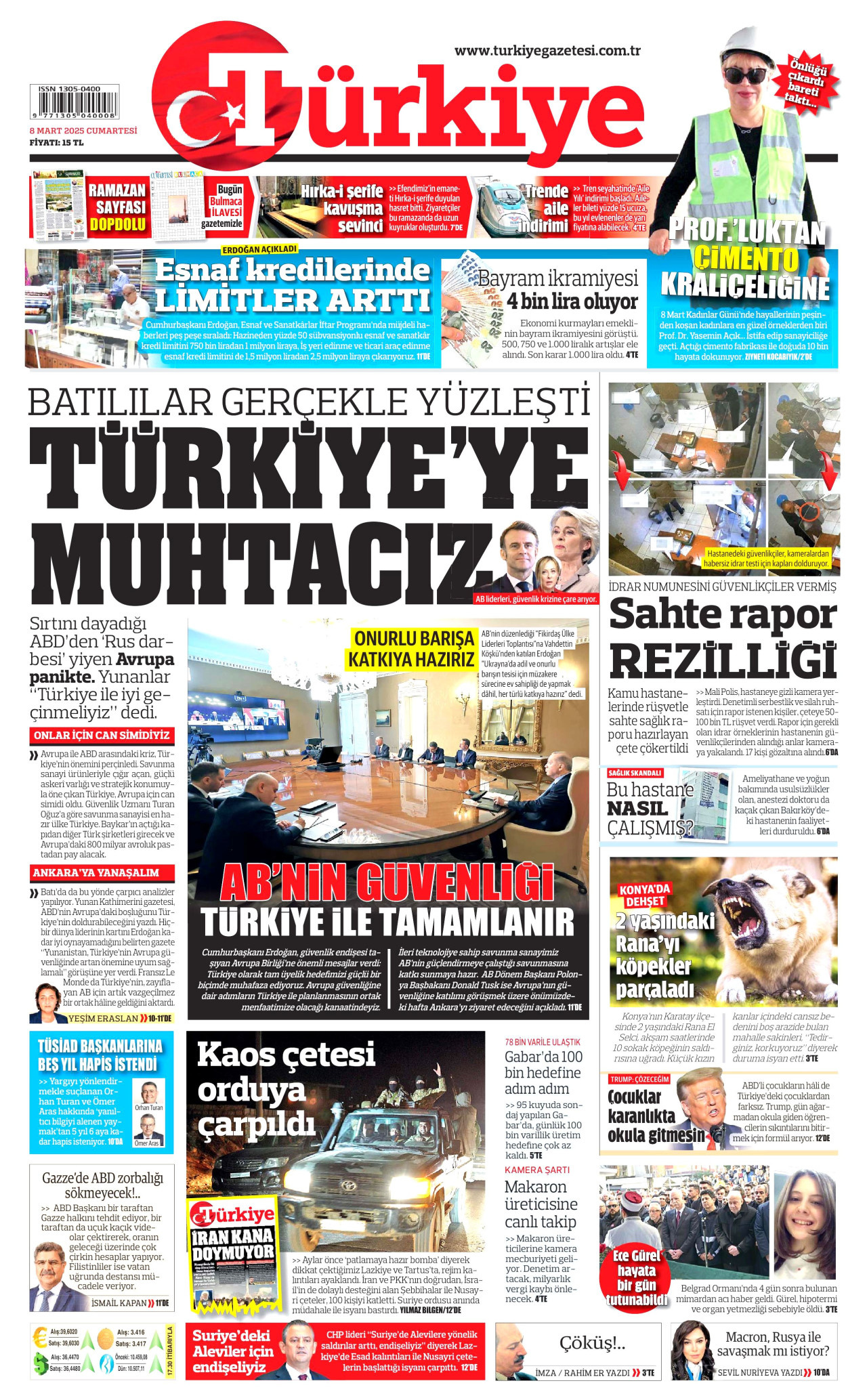 TÜRKİYE GAZETESİ gazetesinin 8 Mart 2025 tarihli birinci sayfası