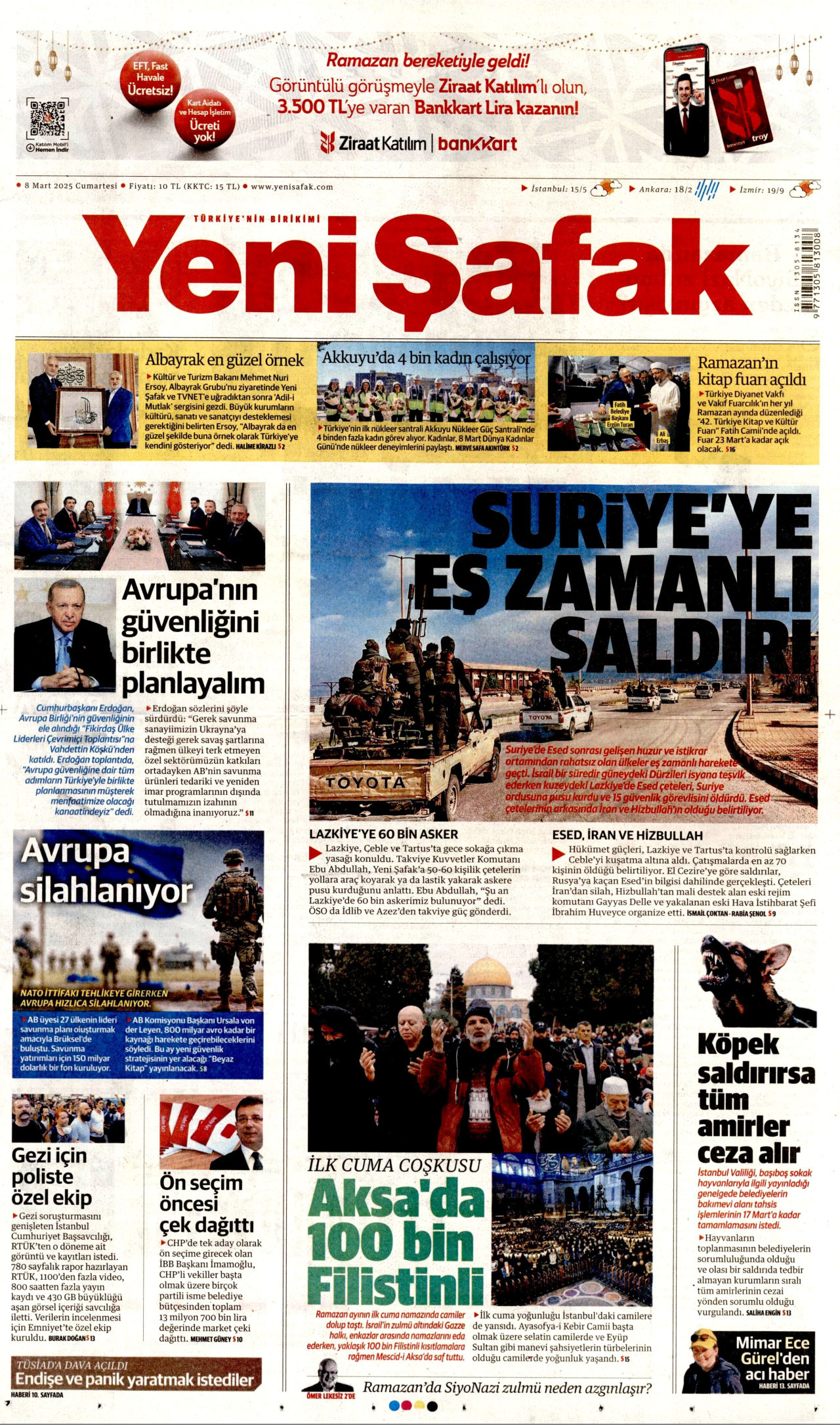 YENİ ŞAFAK gazetesinin 8 Mart 2025 tarihli birinci sayfası