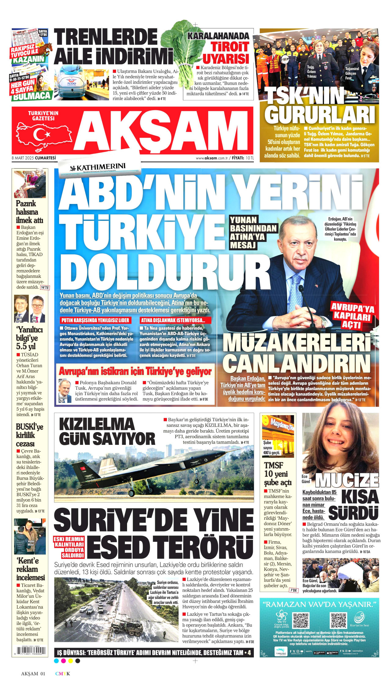 AKŞAM gazetesinin 8 Mart 2025 tarihli birinci sayfası