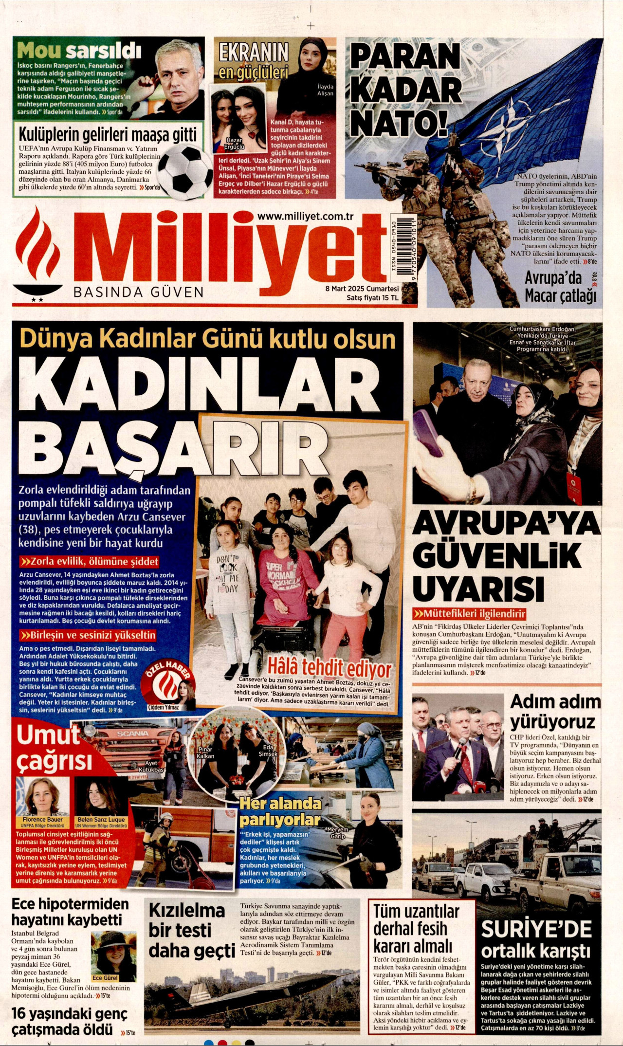 MİLLİYET gazetesinin 8 Mart 2025 tarihli birinci sayfası