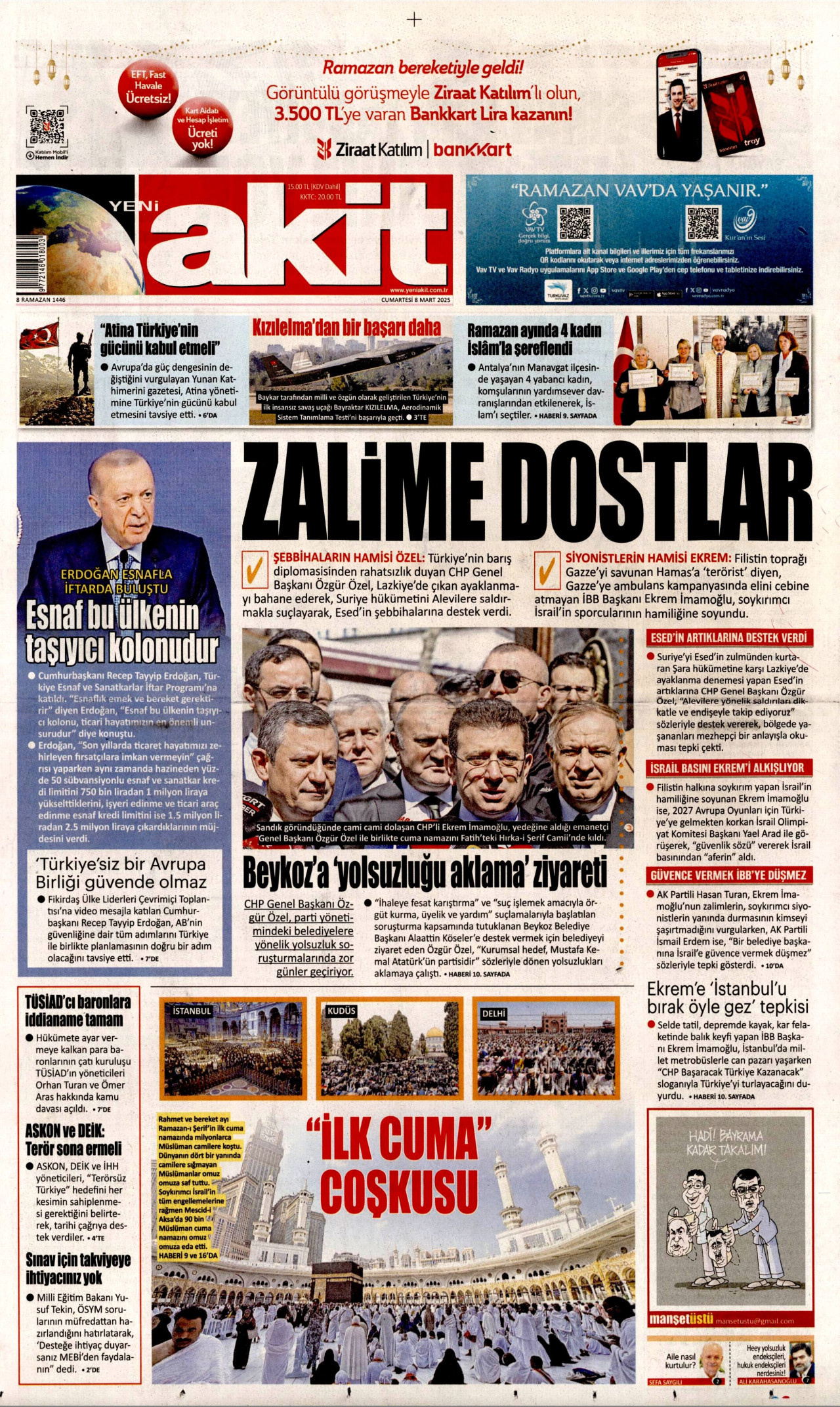 YENİ AKİT gazetesinin 8 Mart 2025 tarihli birinci sayfası