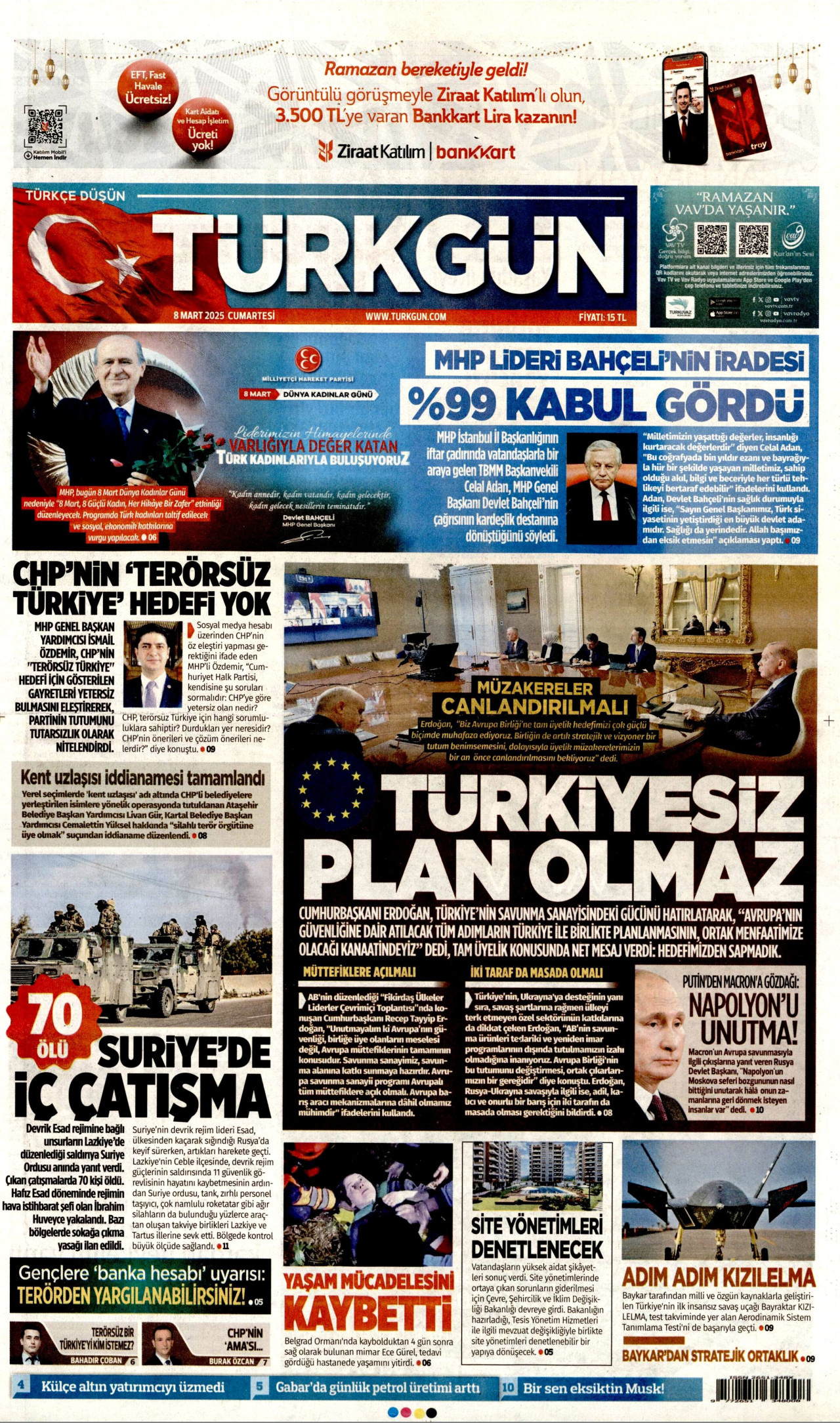 TÜRKGÜN gazetesinin 8 Mart 2025 tarihli birinci sayfası