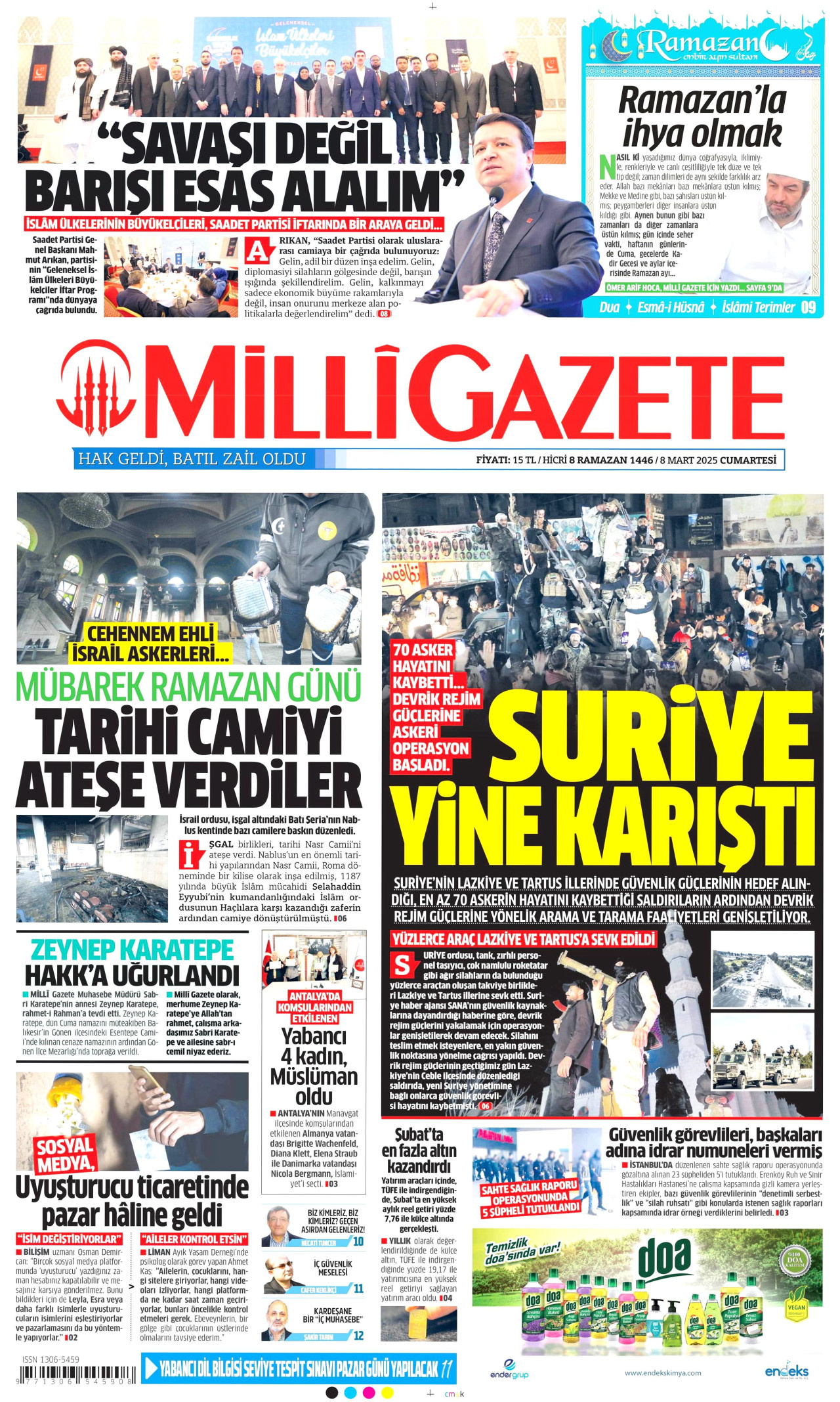 MİLLİ GAZETE gazetesinin 8 Mart 2025 tarihli birinci sayfası