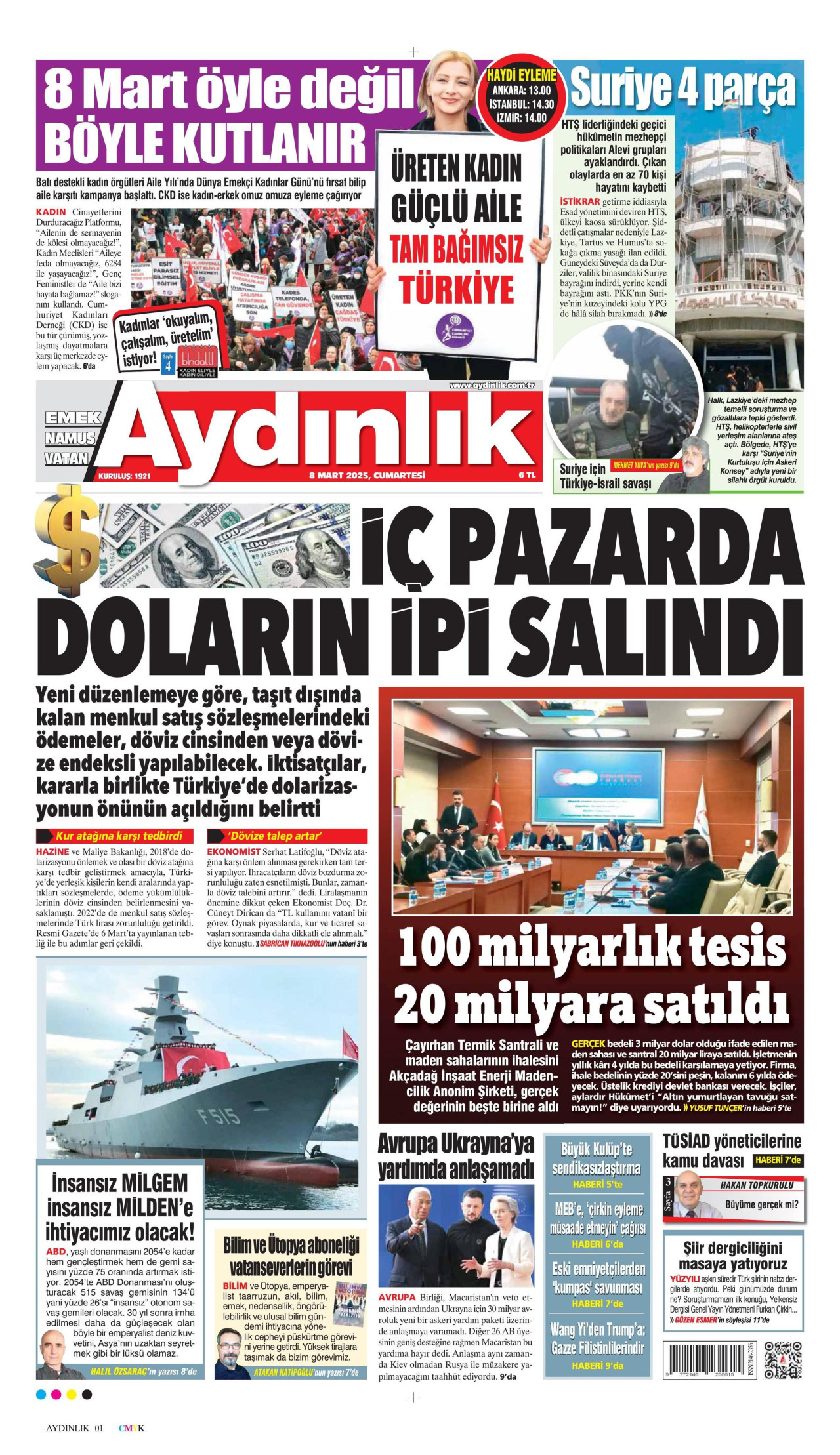AYDINLIK GAZETESİ gazetesinin 8 Mart 2025 tarihli birinci sayfası
