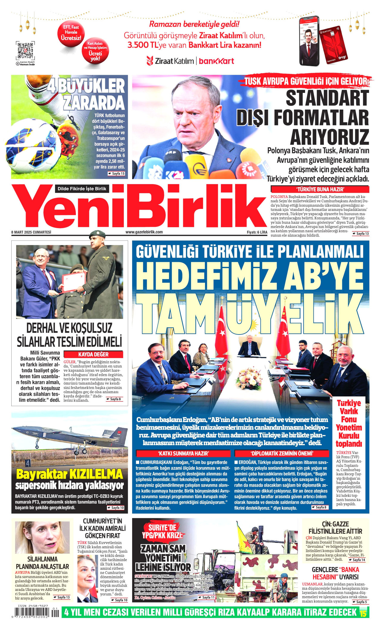 YENİBİRLİK gazetesinin 8 Mart 2025 tarihli birinci sayfası
