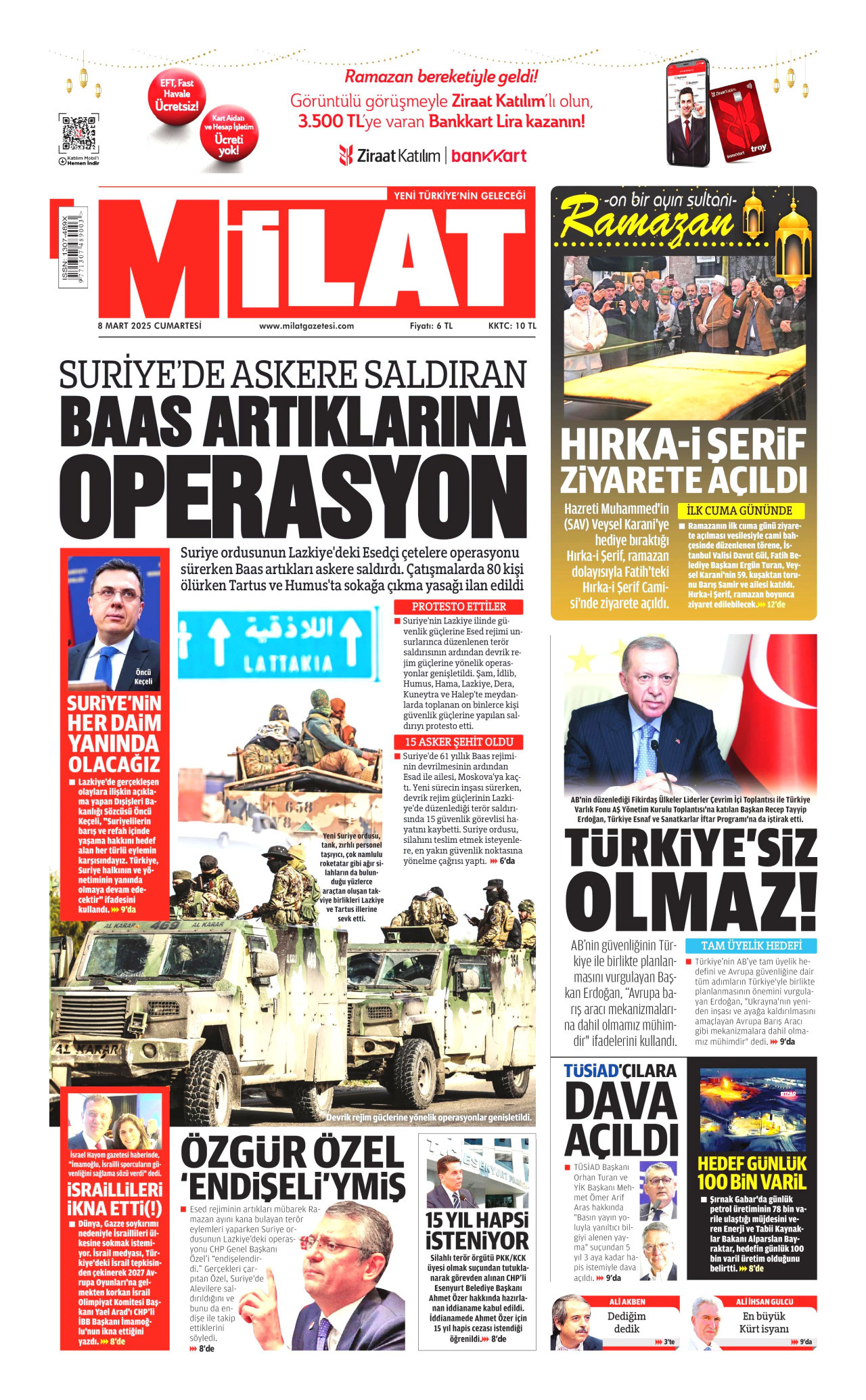 MİLAT gazetesinin 8 Mart 2025 tarihli birinci sayfası