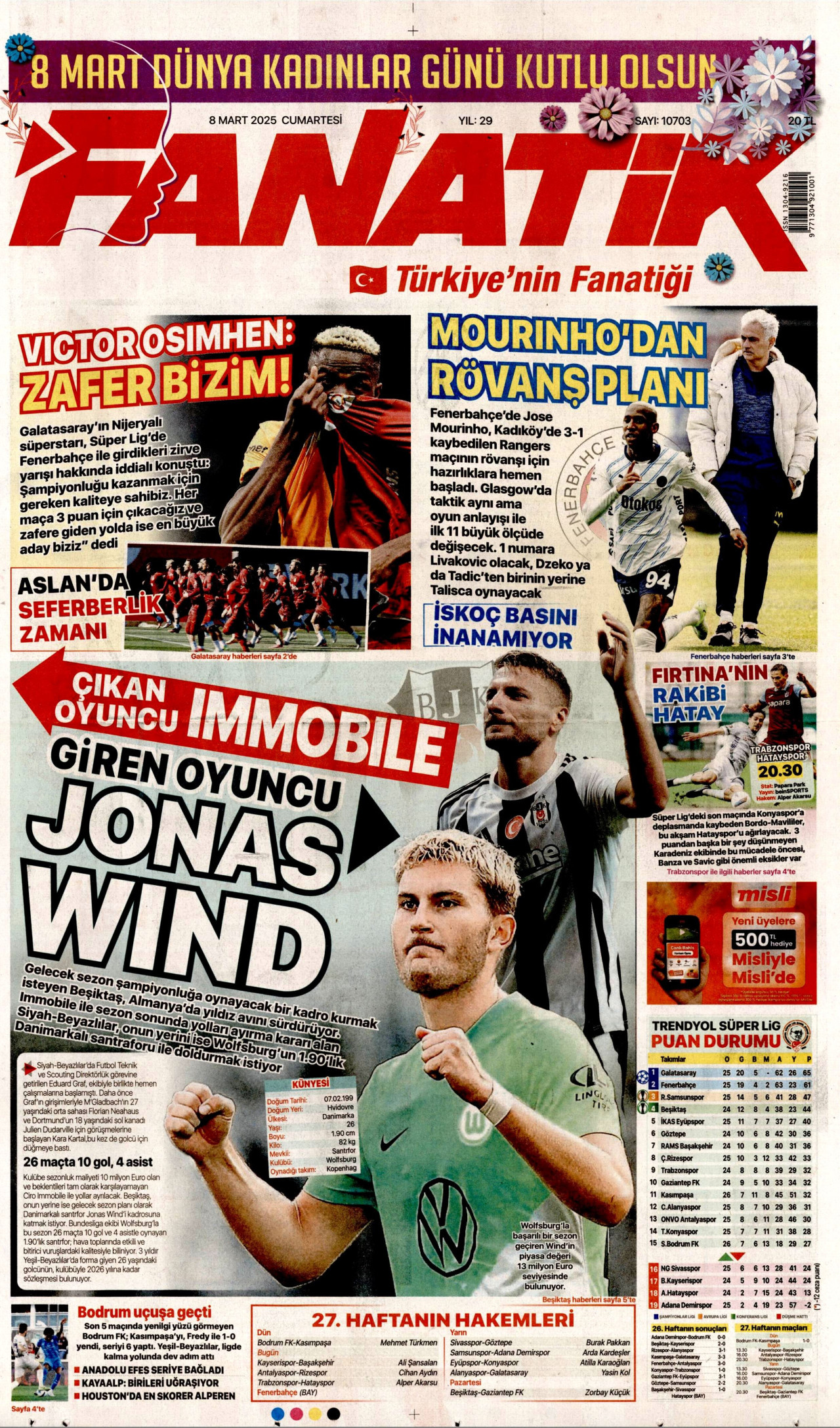 FANATİK gazetesinin 8 Mart 2025 tarihli birinci sayfası