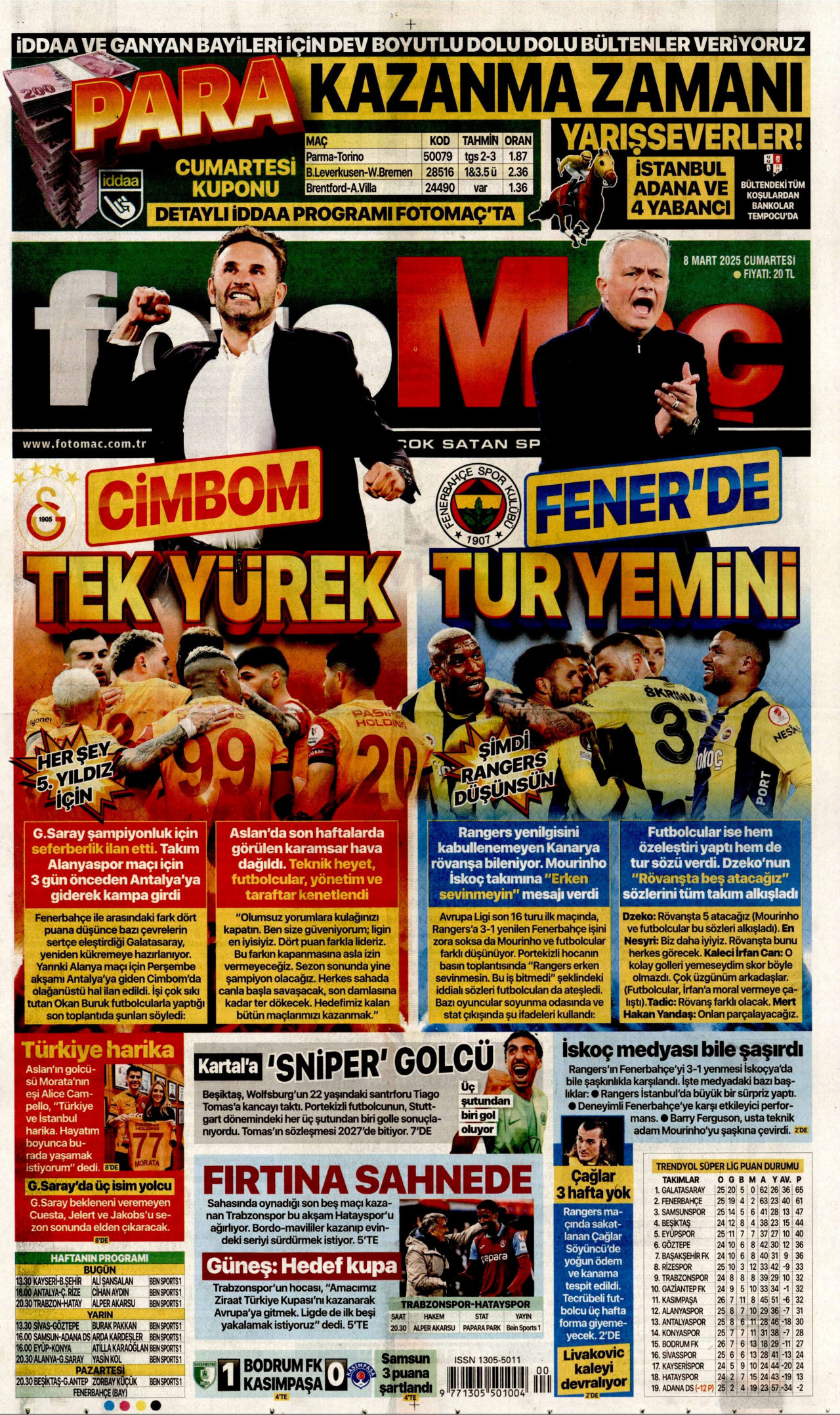 FOTOMAÇ gazetesinin 8 Mart 2025 tarihli birinci sayfası