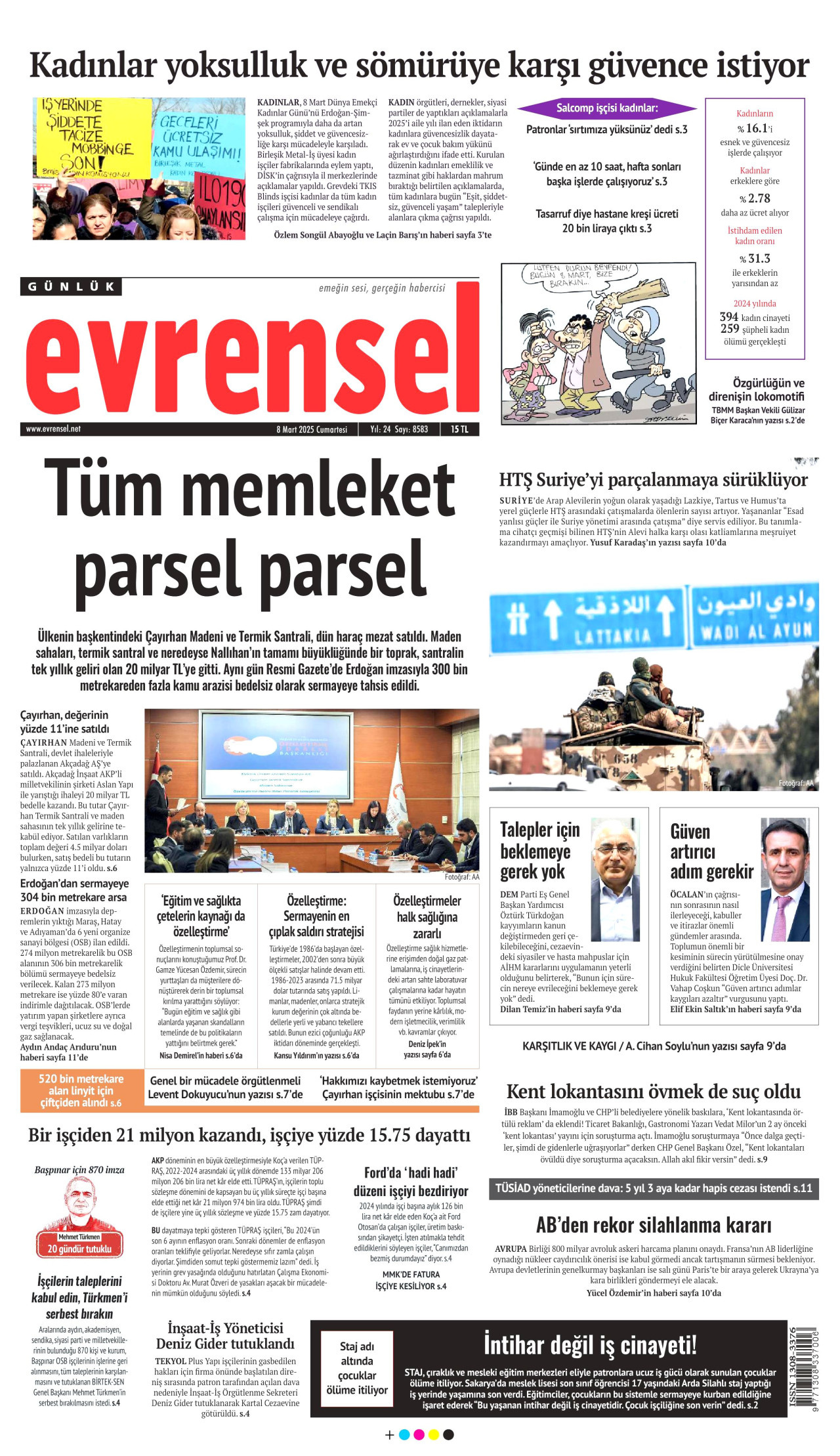 EVRENSEL gazetesinin 8 Mart 2025 tarihli birinci sayfası