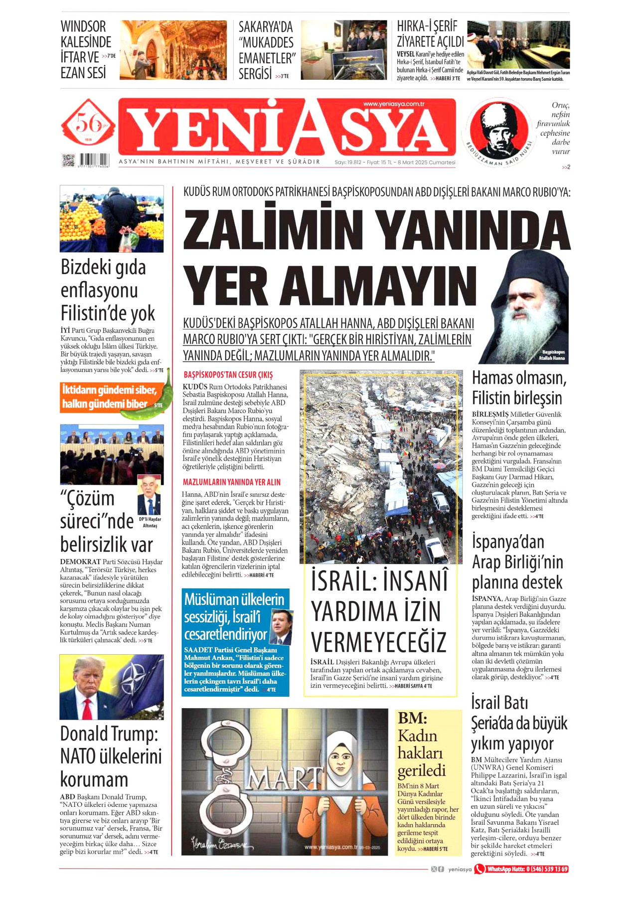 YENİ ASYA gazetesinin 8 Mart 2025 tarihli birinci sayfası