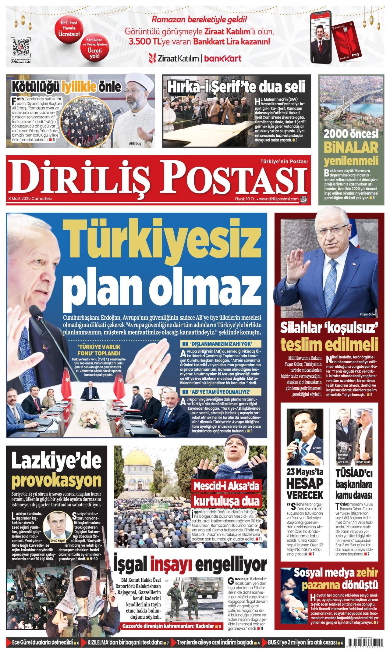 DİRİLİŞ POSTASI gazetesinin 8 Mart 2025 tarihli birinci sayfası