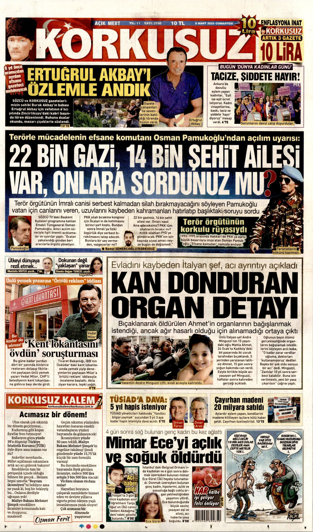KORKUSUZ gazetesinin 8 Mart 2025 tarihli birinci sayfası