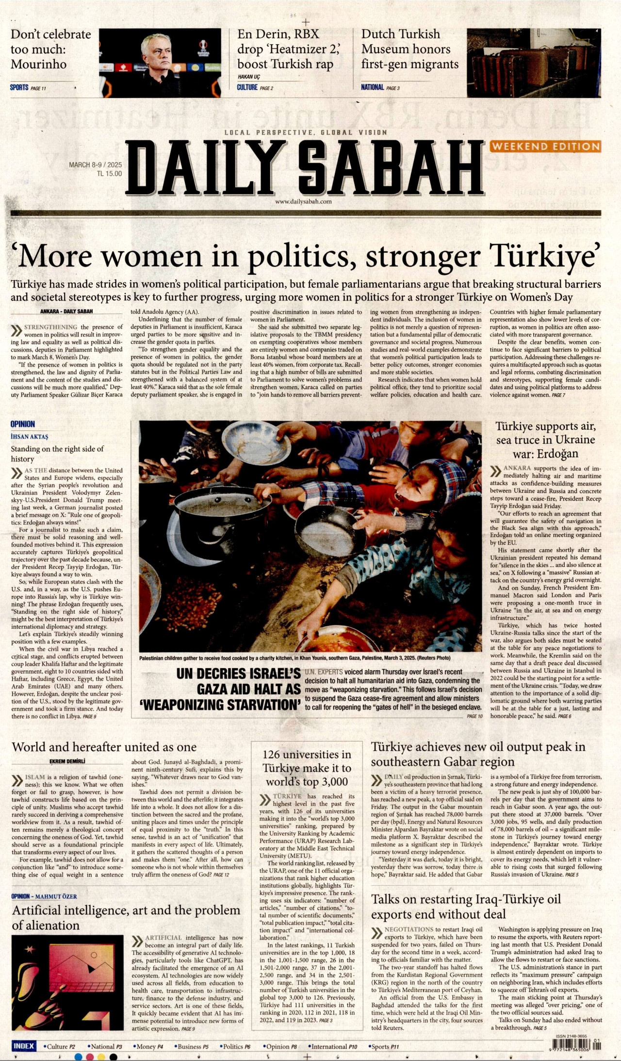 DAİLY SABAH gazetesinin 8 Mart 2025 tarihli birinci sayfası