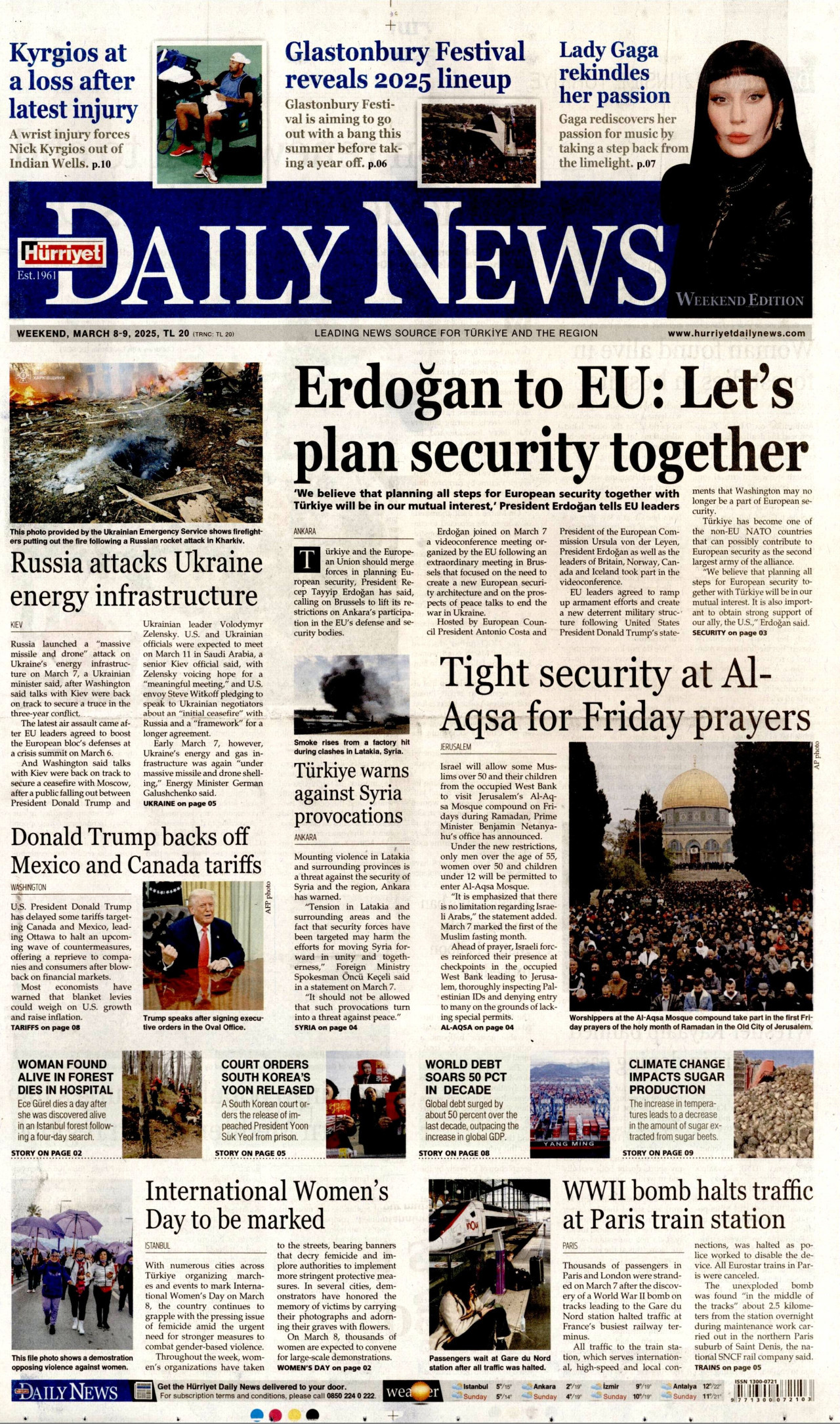 HÜRRİYET DAİLY NEWS gazetesinin 8 Mart 2025 tarihli birinci sayfası