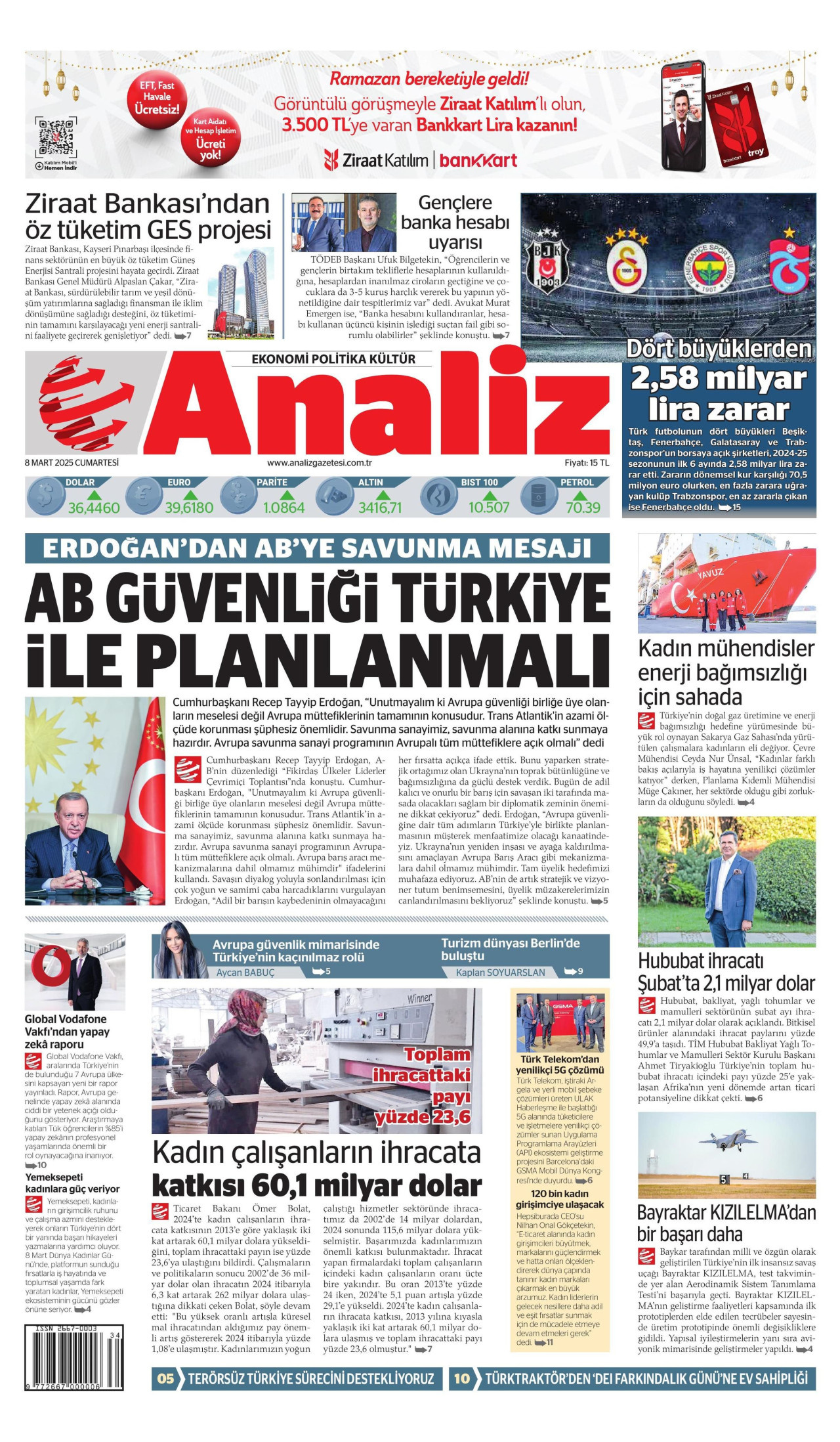 ANALİZ gazetesinin 8 Mart 2025 tarihli birinci sayfası