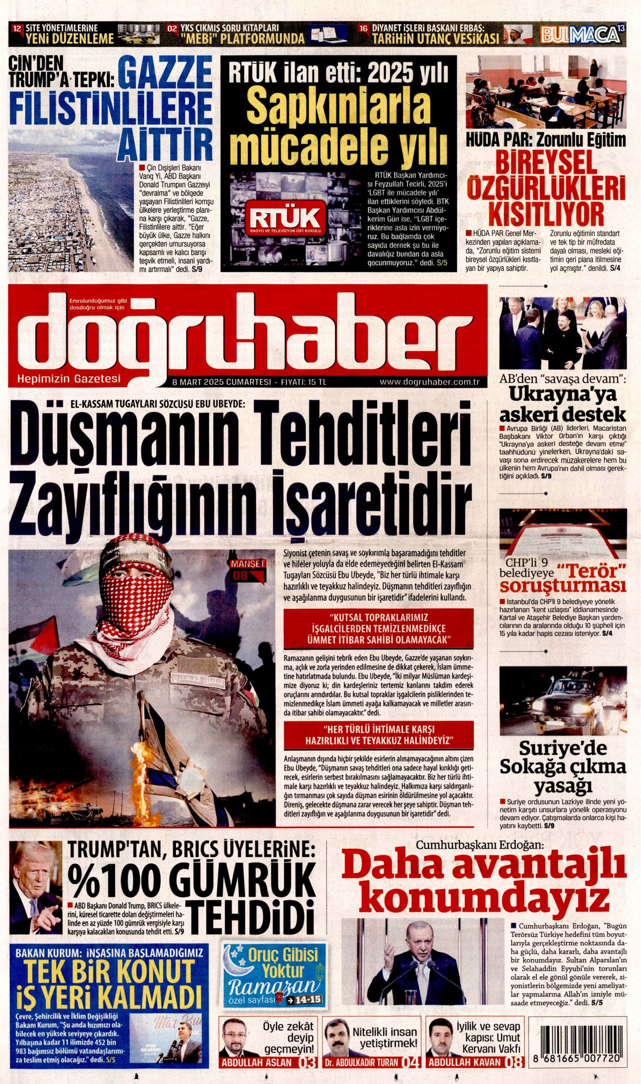 DOĞRU HABER gazetesinin 8 Mart 2025 tarihli birinci sayfası