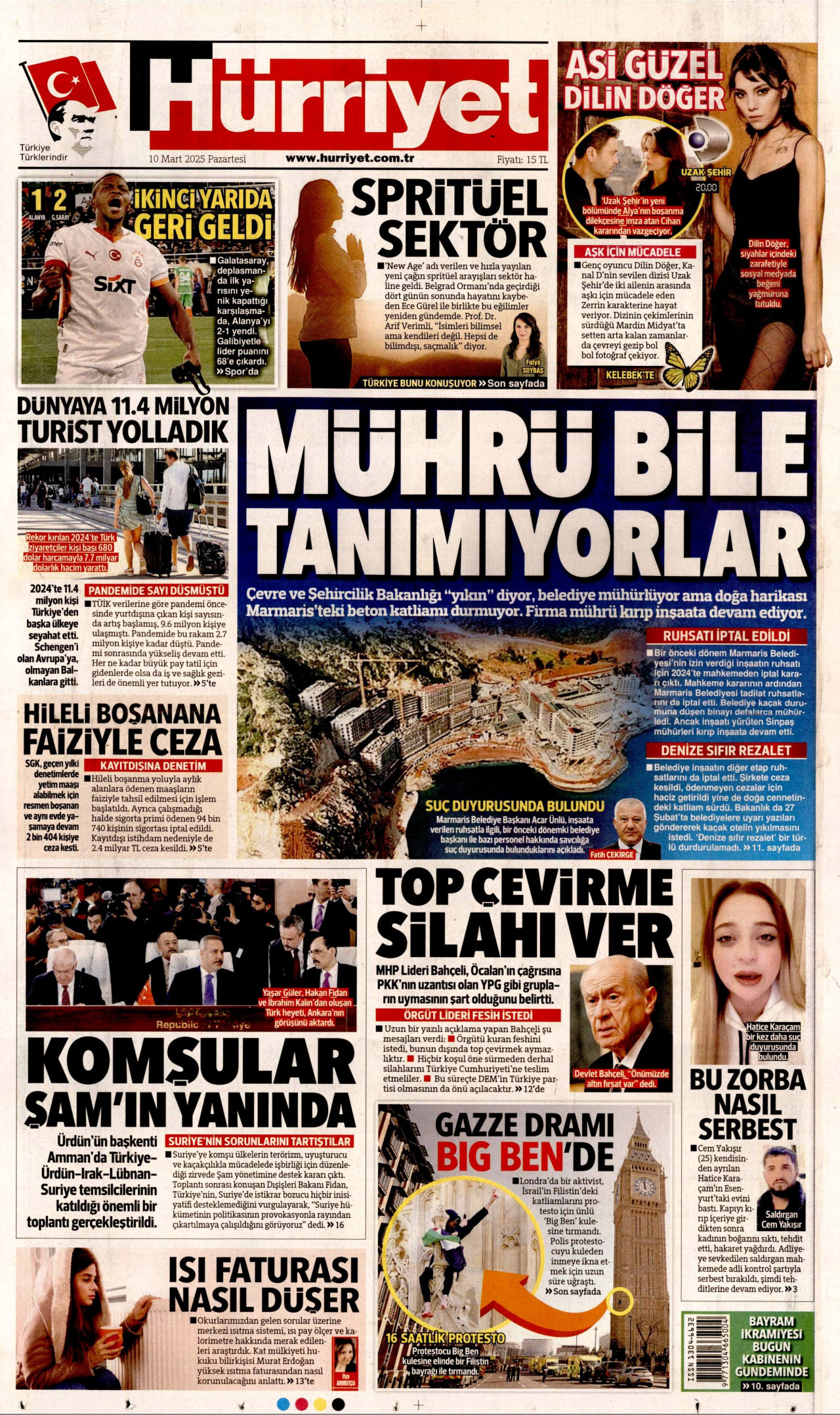 HÜRRİYET gazetesinin 10 Mart 2025 tarihli birinci sayfası