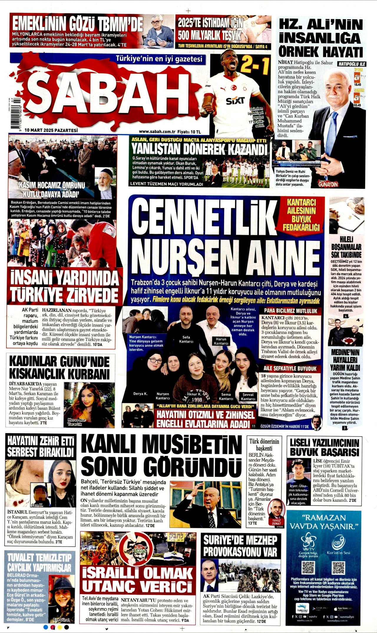 SABAH gazetesinin 10 Mart 2025 tarihli birinci sayfası