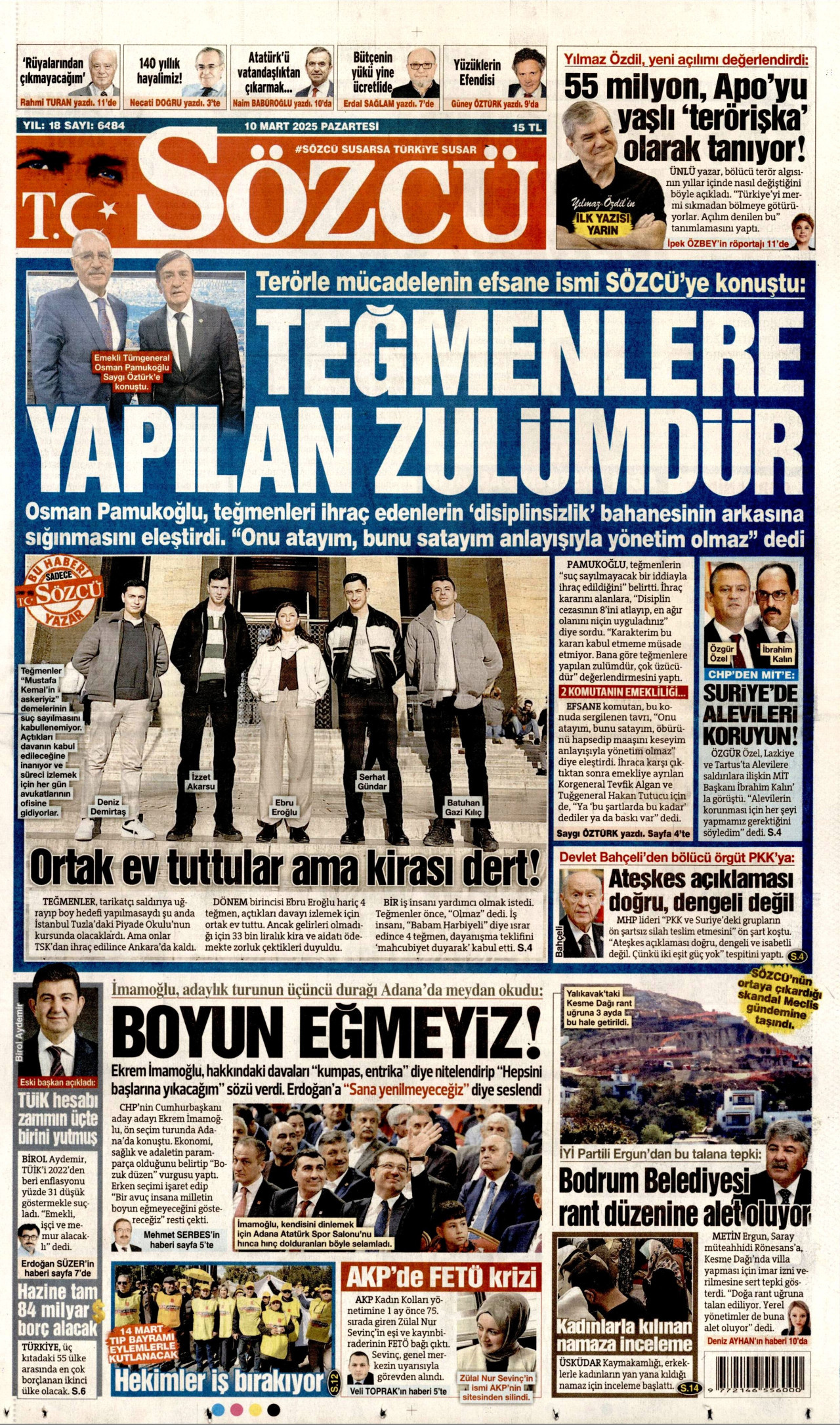 SÖZCÜ gazetesinin 10 Mart 2025 tarihli birinci sayfası