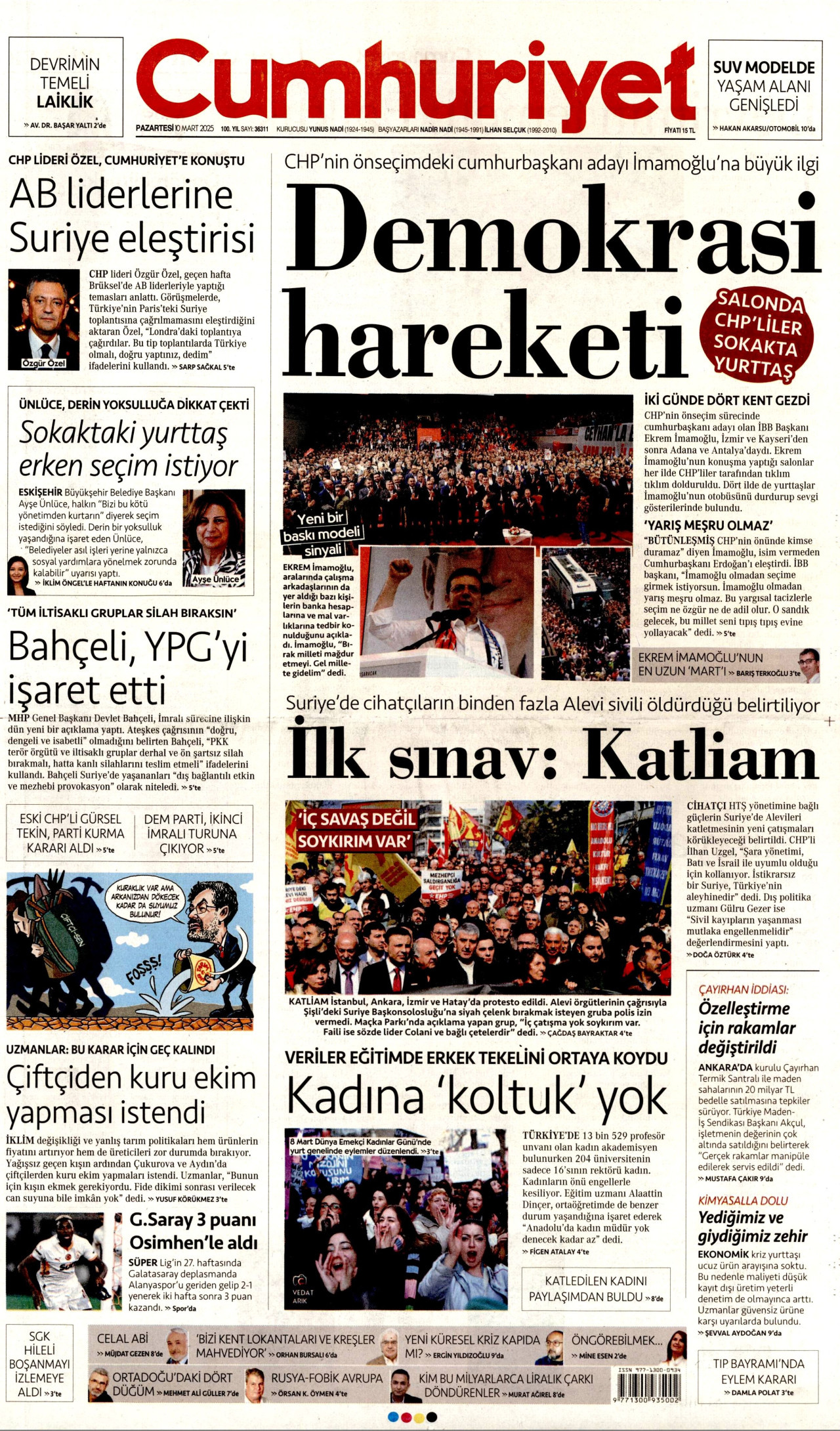 CUMHURİYET gazetesinin 10 Mart 2025 tarihli birinci sayfası