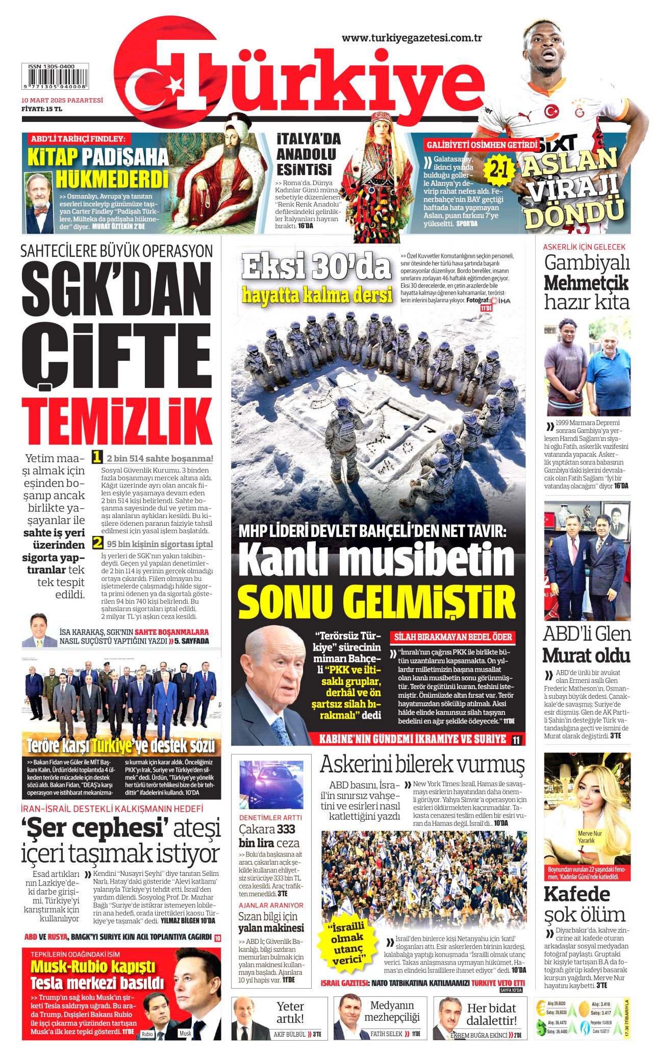 TÜRKİYE GAZETESİ gazetesinin 10 Mart 2025 tarihli birinci sayfası