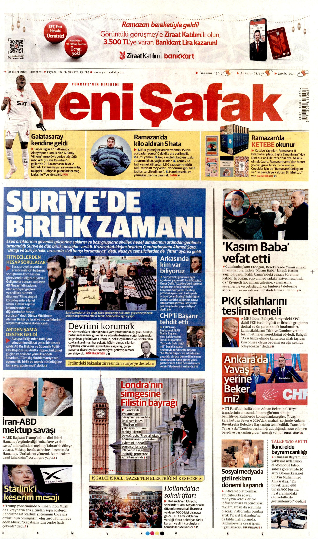 YENİ ŞAFAK gazetesinin 10 Mart 2025 tarihli birinci sayfası