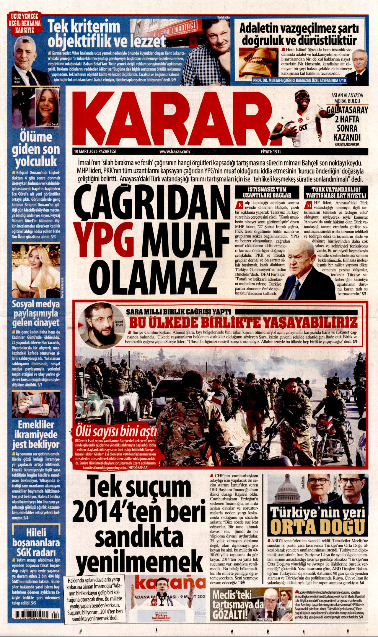 KARAR gazetesinin 10 Mart 2025 tarihli birinci sayfası