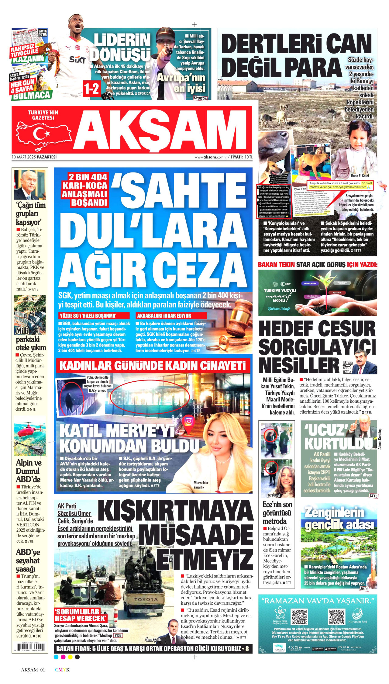 AKŞAM gazetesinin 10 Mart 2025 tarihli birinci sayfası
