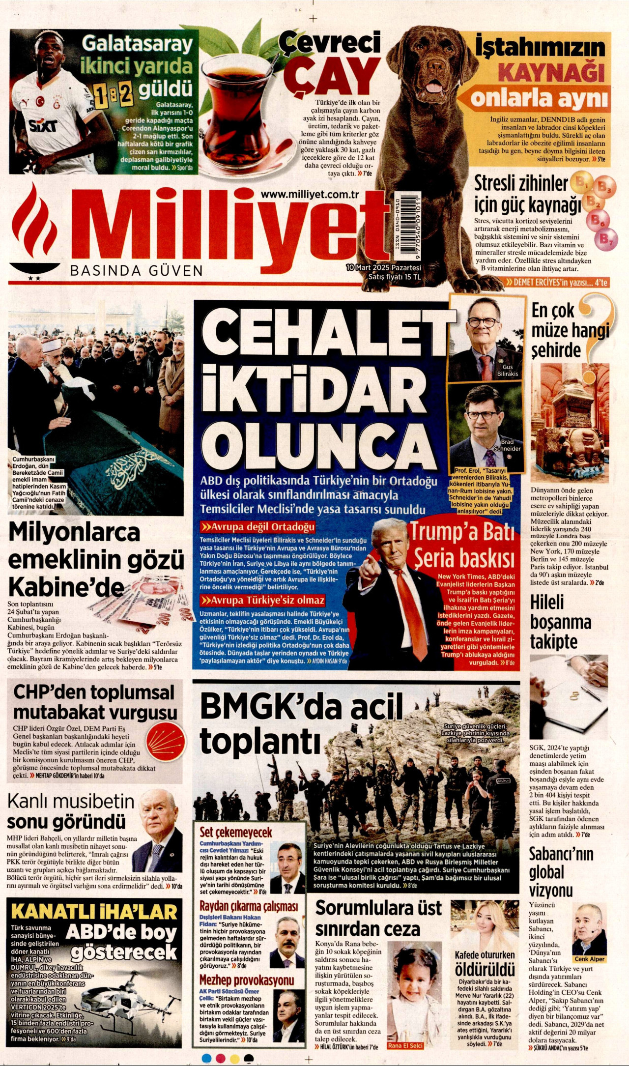 MİLLİYET gazetesinin 10 Mart 2025 tarihli birinci sayfası