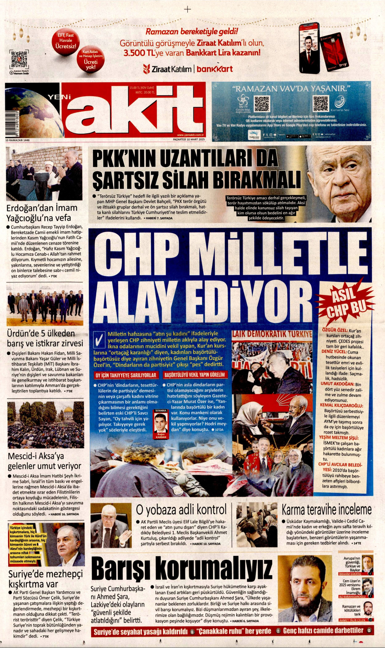 YENİ AKİT gazetesinin 10 Mart 2025 tarihli birinci sayfası