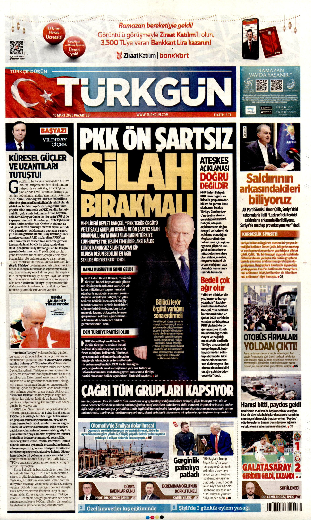 TÜRKGÜN gazetesinin 10 Mart 2025 tarihli birinci sayfası
