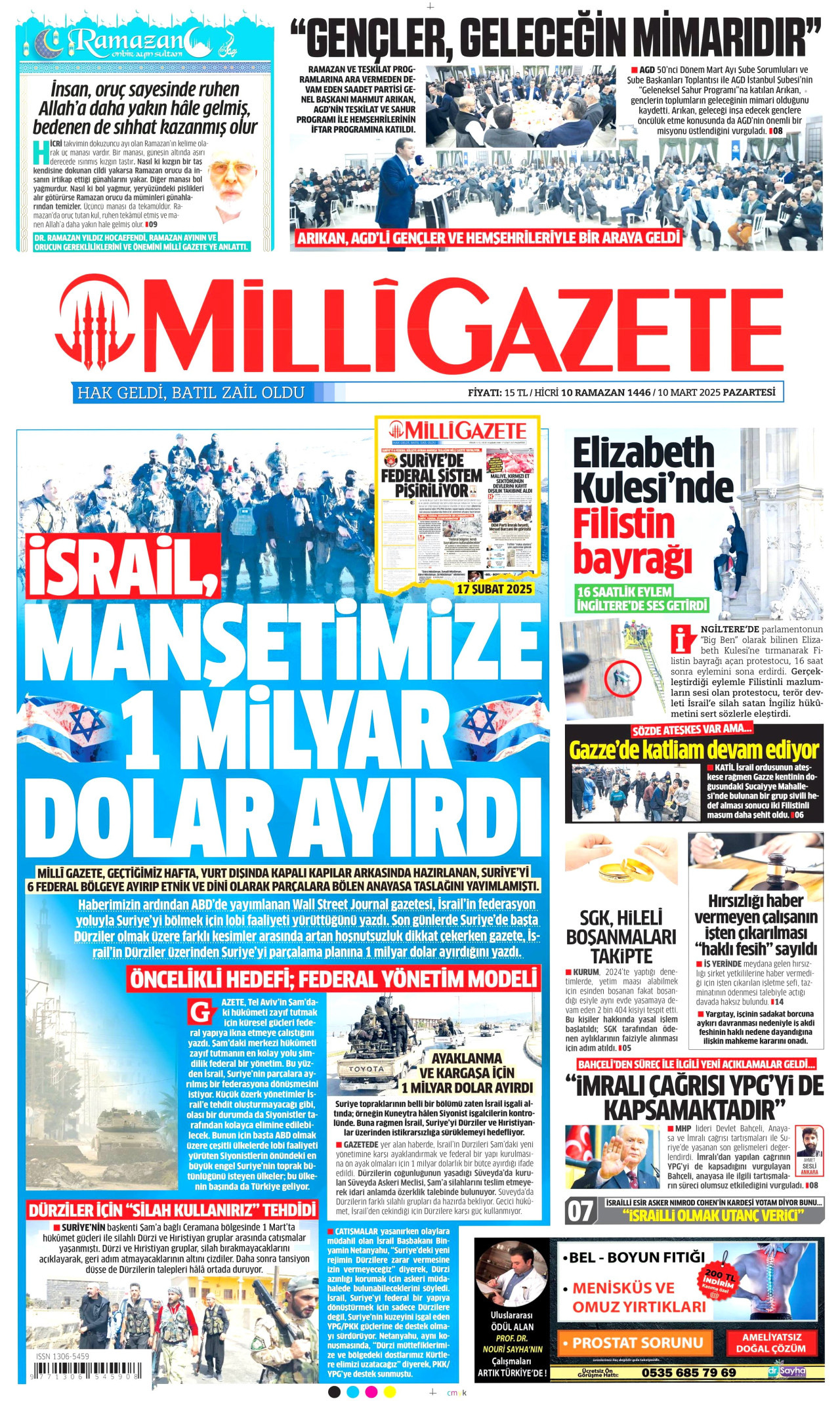 MİLLİ GAZETE gazetesinin 10 Mart 2025 tarihli birinci sayfası