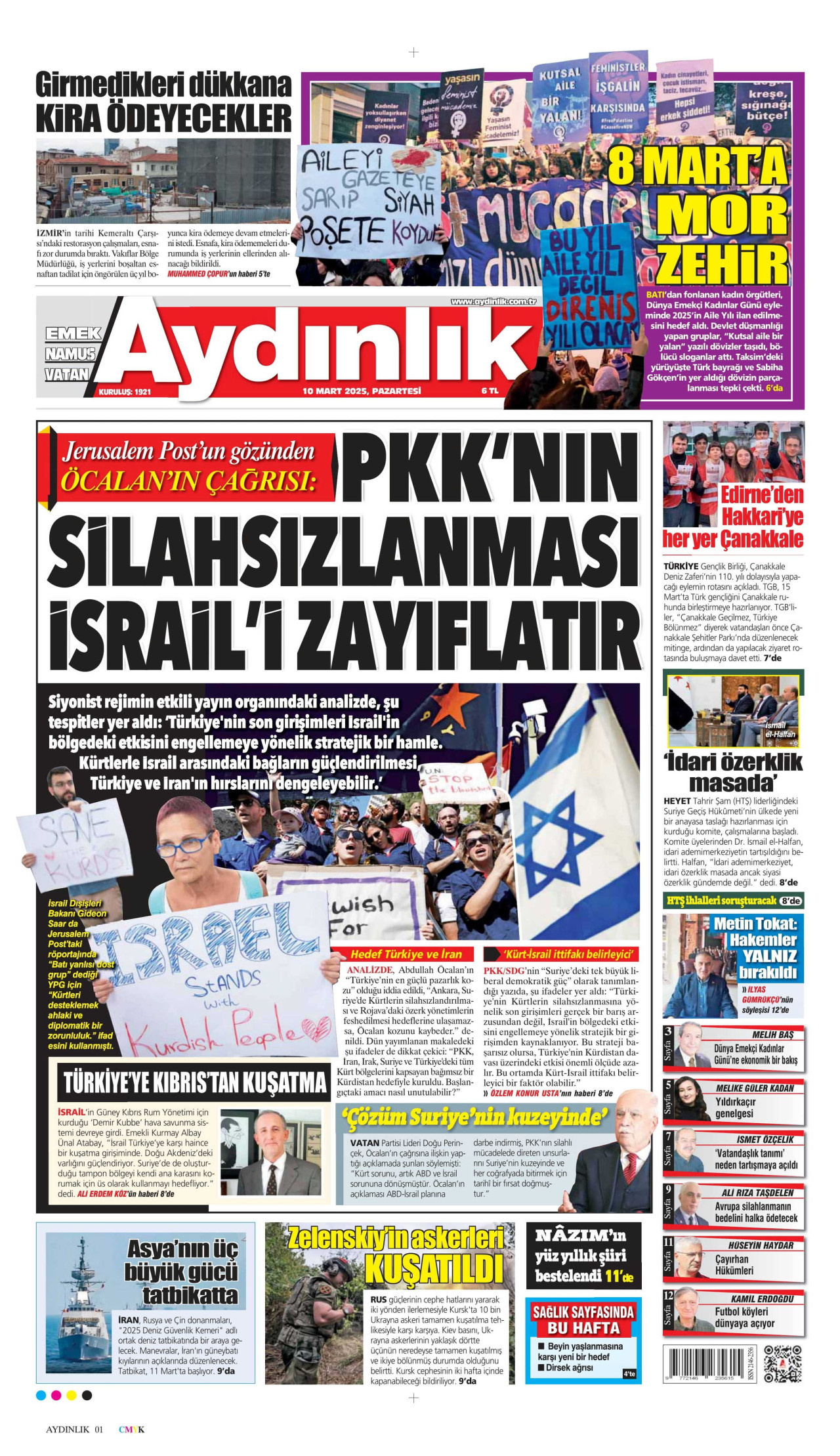 AYDINLIK GAZETESİ gazetesinin 10 Mart 2025 tarihli birinci sayfası