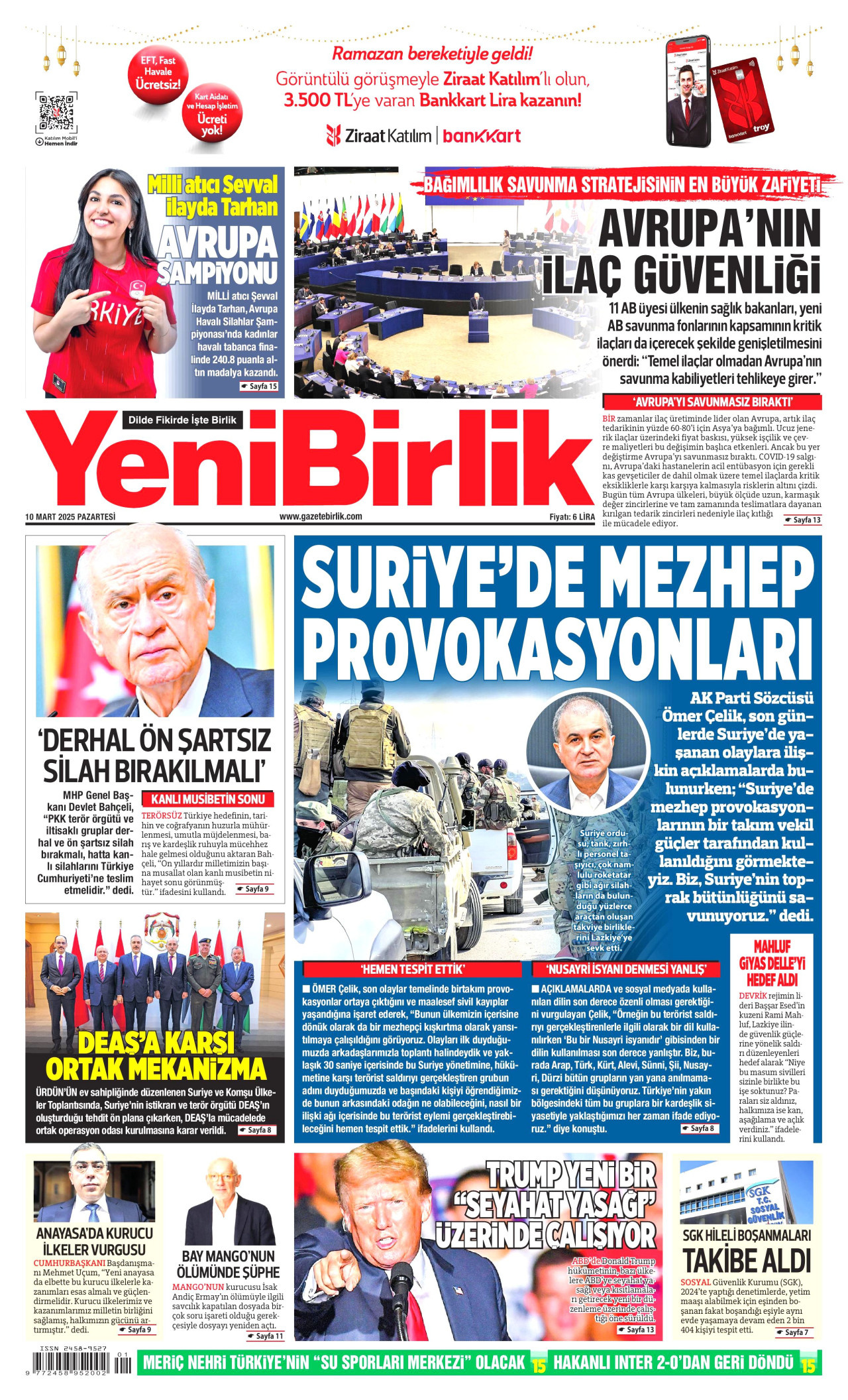 YENİBİRLİK gazetesinin 10 Mart 2025 tarihli birinci sayfası