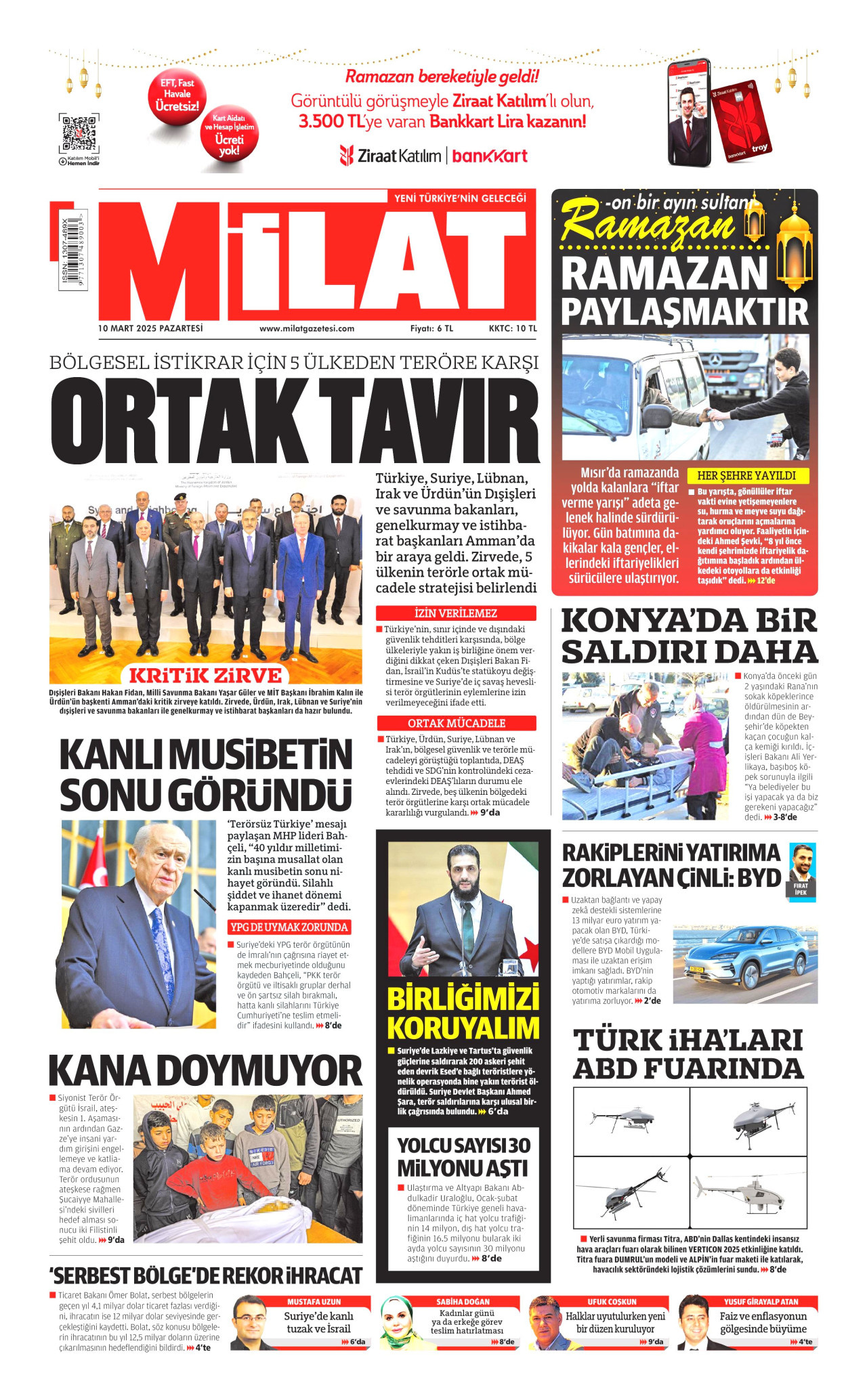 MİLAT gazetesinin 10 Mart 2025 tarihli birinci sayfası