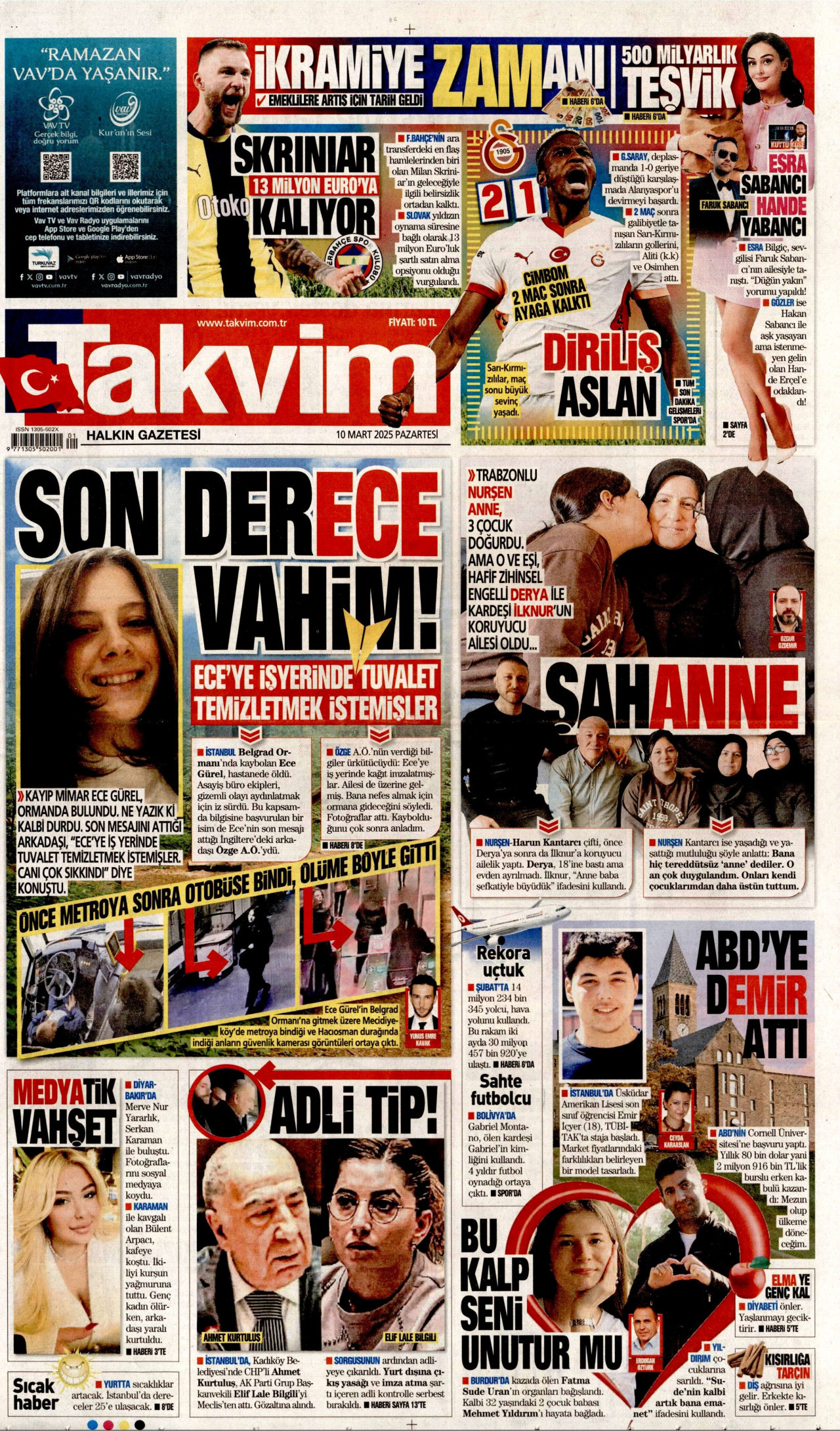 TAKVİM gazetesinin 10 Mart 2025 tarihli birinci sayfası